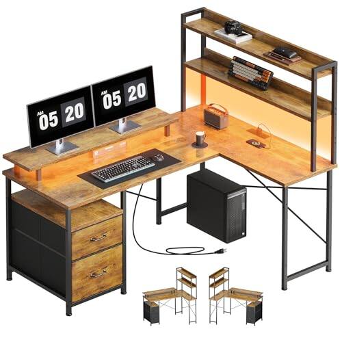 Front. Hirose Alice - L Shaped Gaming Desk With Shelves Reversible Computer Led Lights And Charging Station Home Office Corner Monit - Rustic Brown2.