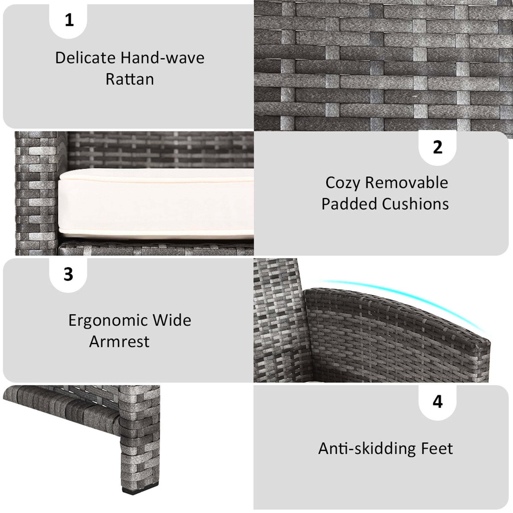 1. Delicate Hand-wave Rattan
2. Cozy Removable Padded Cushions
3. Ergonomic Wide Armrest
4. Anti-skidding Feet