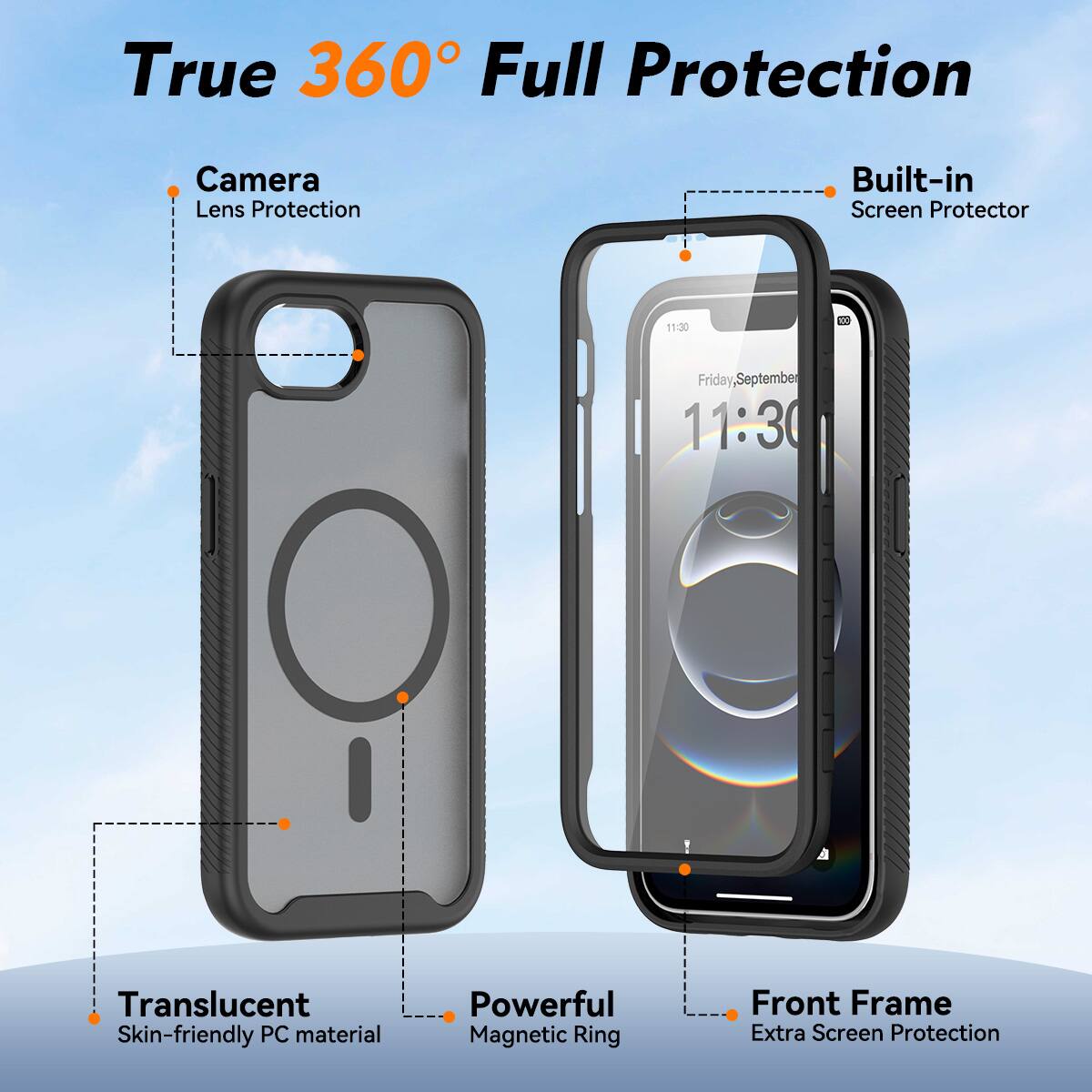 True 360° Full Protection Camera Lens Protection Built-in Screen Protector 11:30 C3 Friday, September 11:30 Translucent Skin-friendly PC material Powerful Magnetic Ring Front Frame Extra Screen Protection