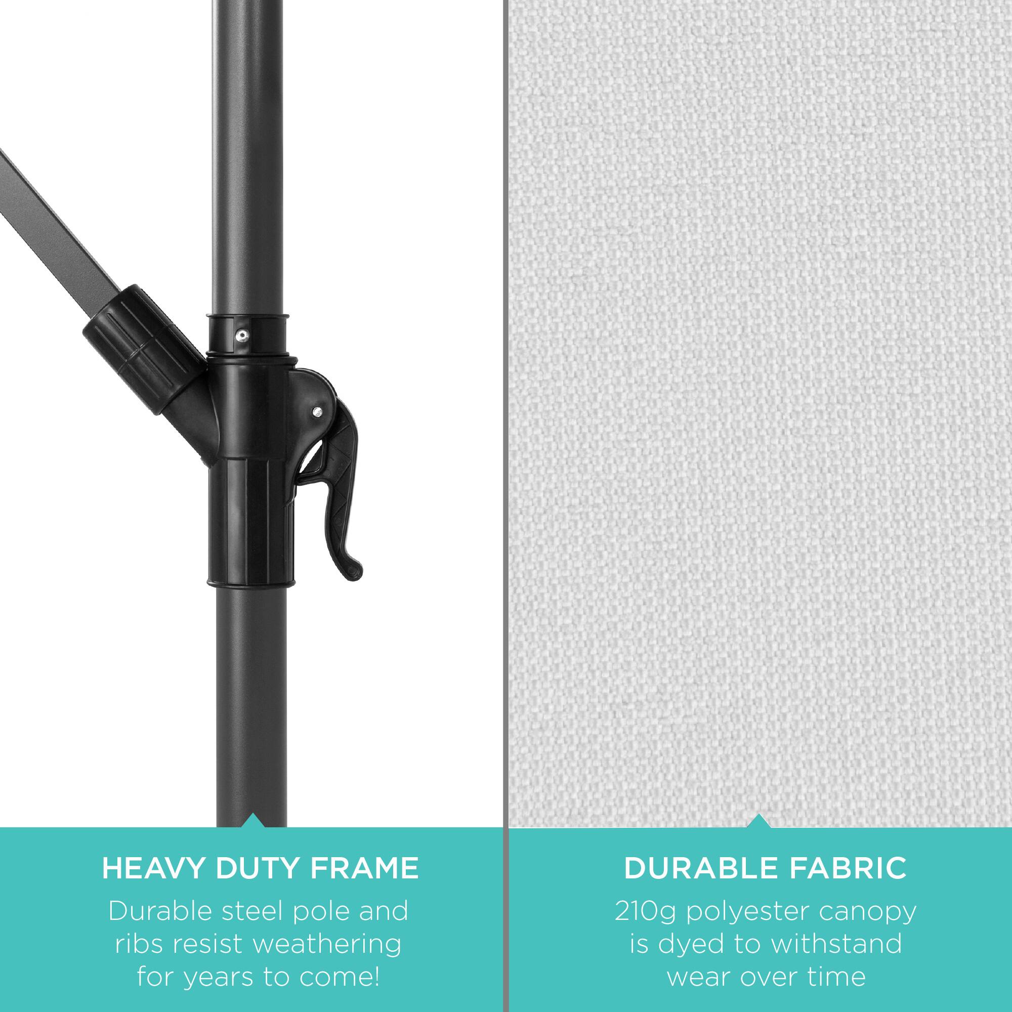 HEAVY DUTY FRAME  
Durable steel pole and ribs resist weathering for years to come!

DURABLE FABRIC  
210g polyester canopy is dyed to withstand wear over time