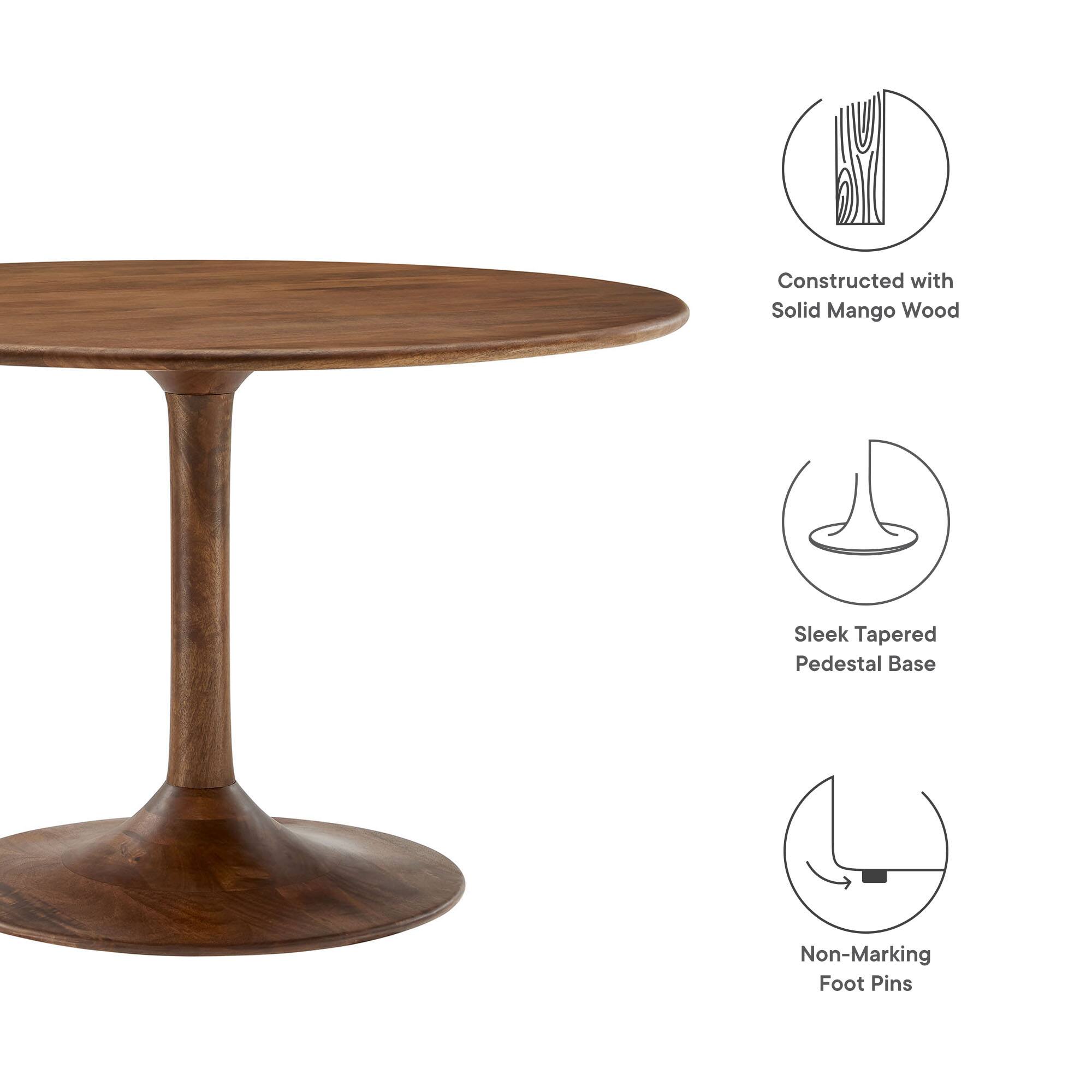 Constructed with Solid Mango Wood  
Sleek Tapered Pedestal Base  
Non-Marking Foot Pins