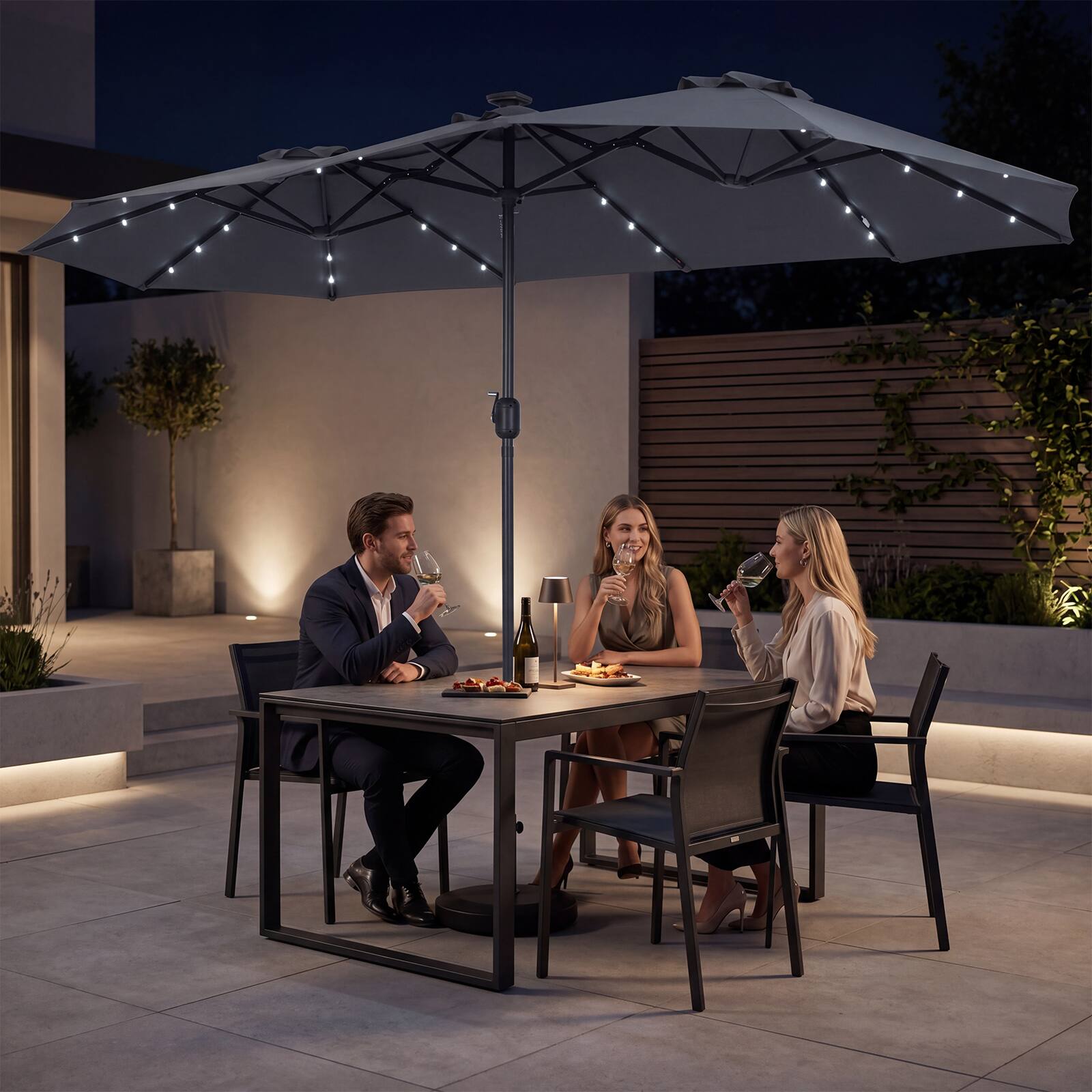 Alt View 1. Costway - Costway 13 FT Double-Sided Patio Umbrella with Solar Lights, 36 LED Lights, Crank Handle - Gray.