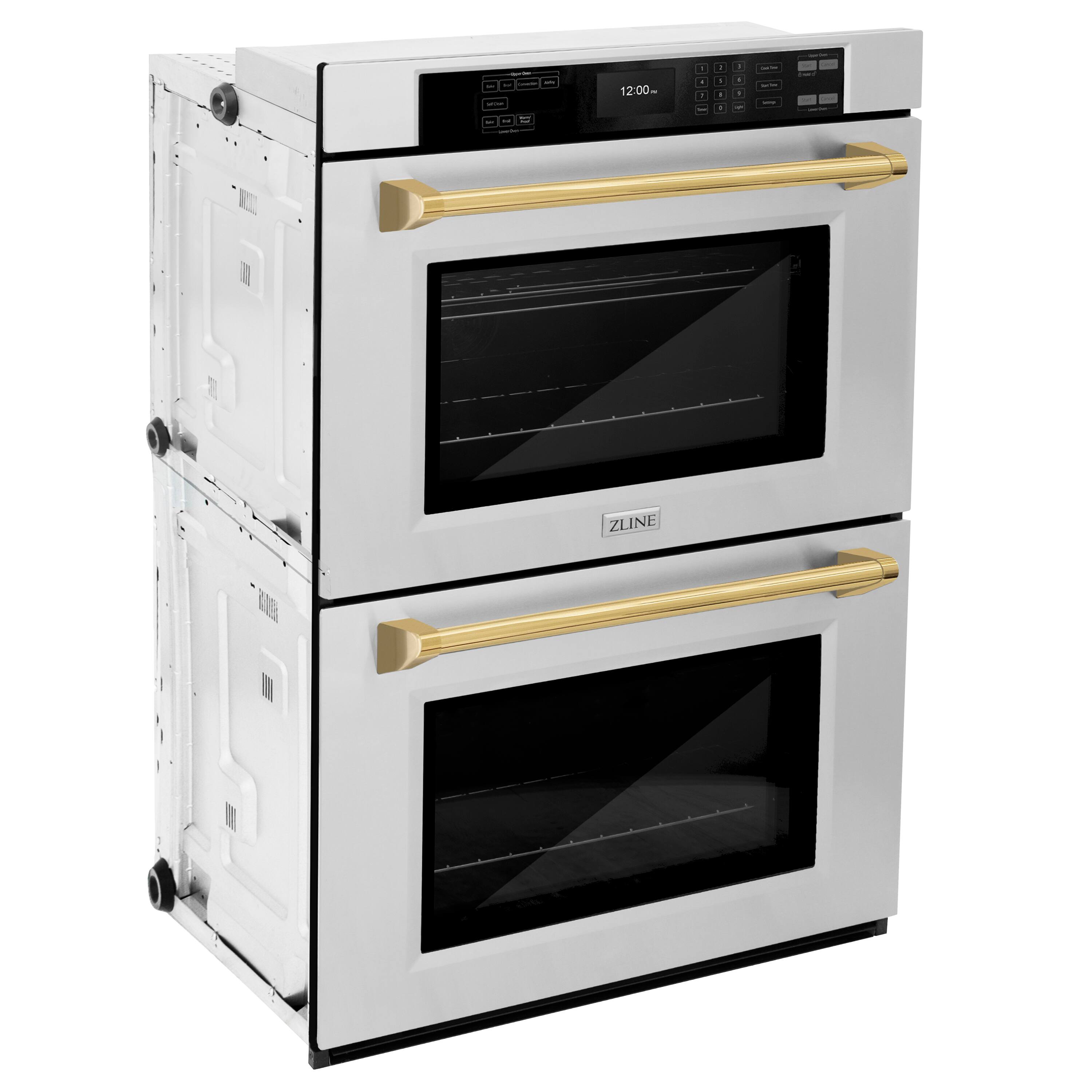 The text on the image reads "ZLINE 12:00m d . - . - - - - . d - I ZLINE K." This text is likely a description or specifications for the oven, which is a double oven with a stainless steel finish.