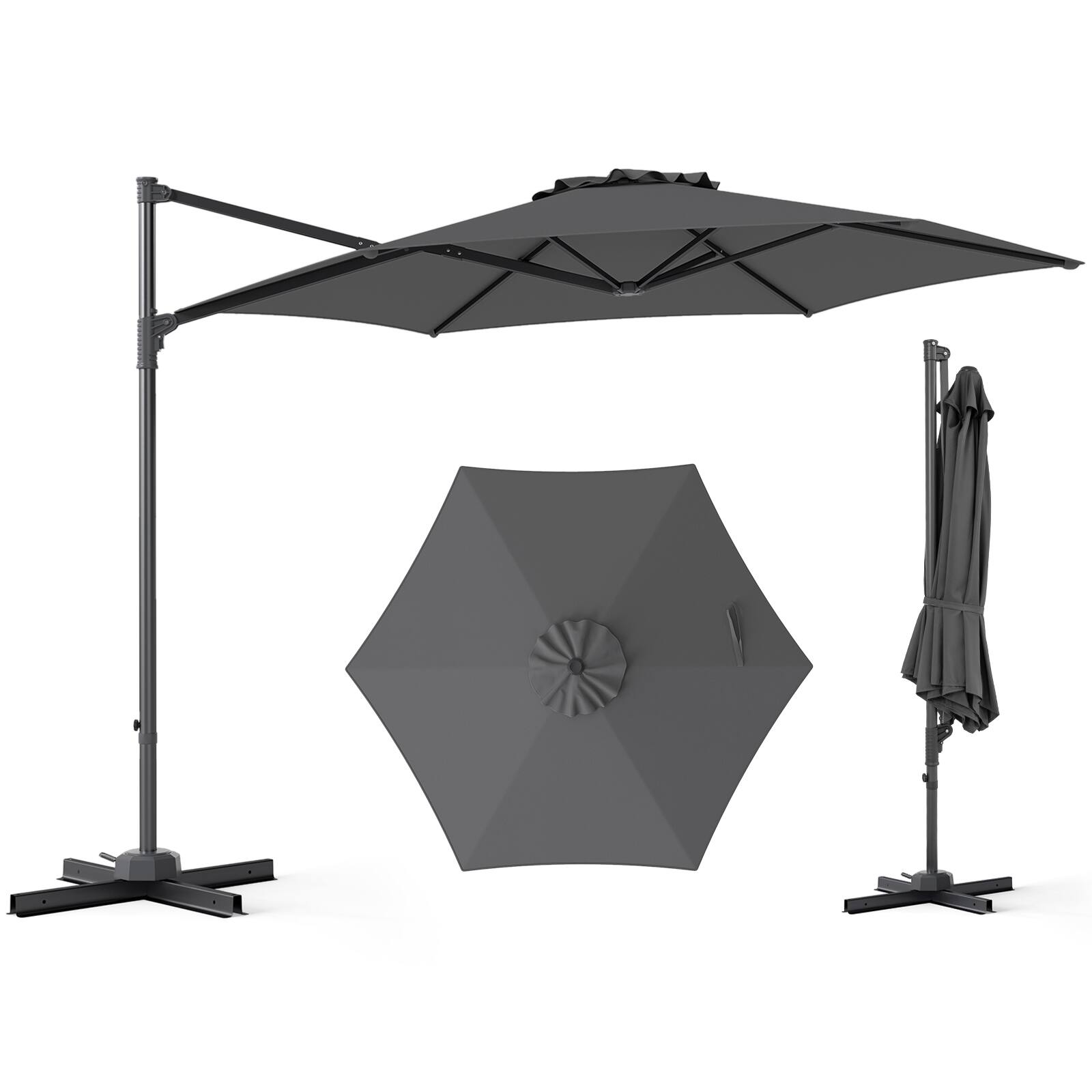 Front. Costway - Costway 10 FT Patio Cantilever Umbrella with 360° Rotation, Air Vent, Cross Base Included - Gray.