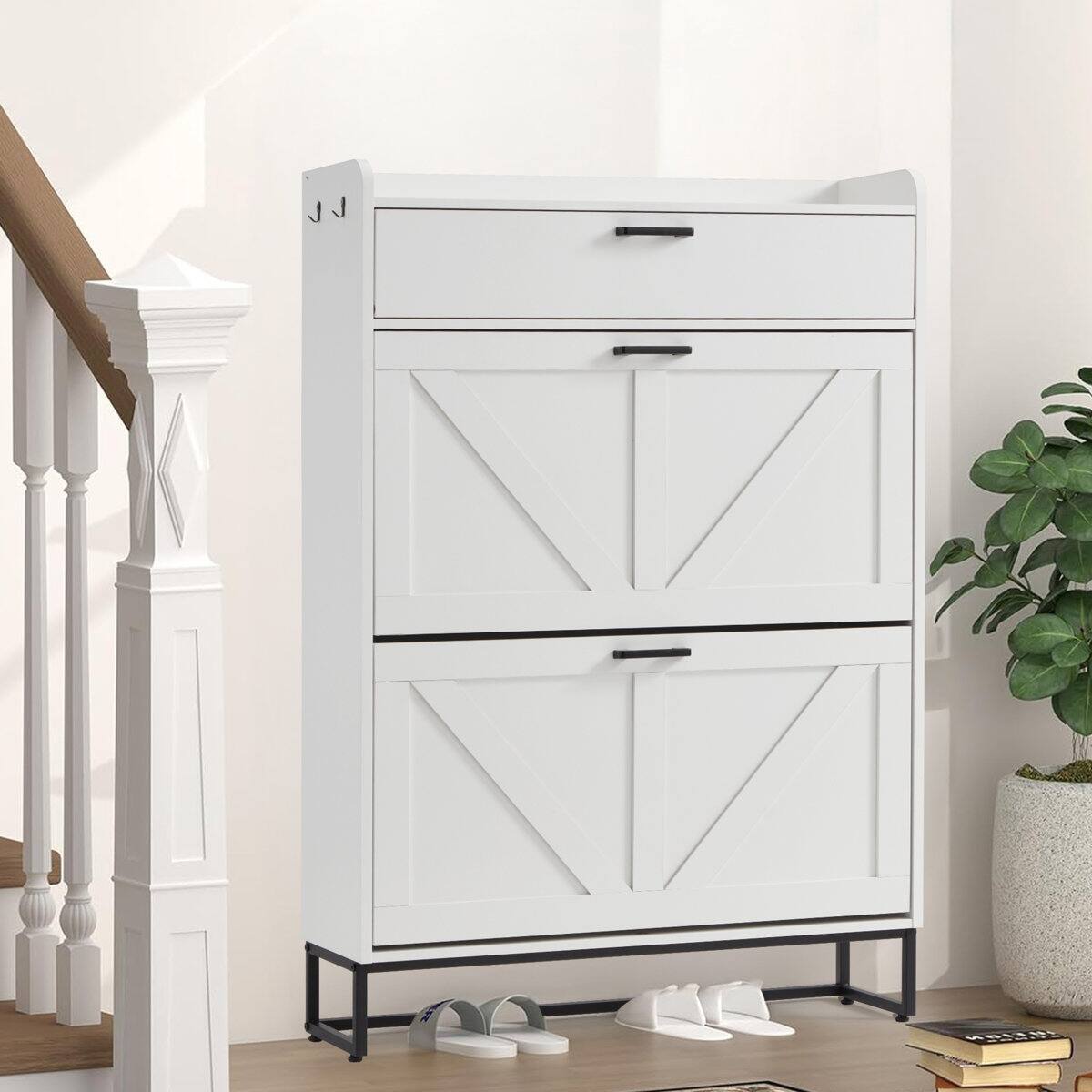 Alt View 6. U-HOMY - Shoe Storage Cabinet with 2 Flip Drawers, Freestanding Entryway Organizer with Adjustable Shelves and Side Hooks - White.