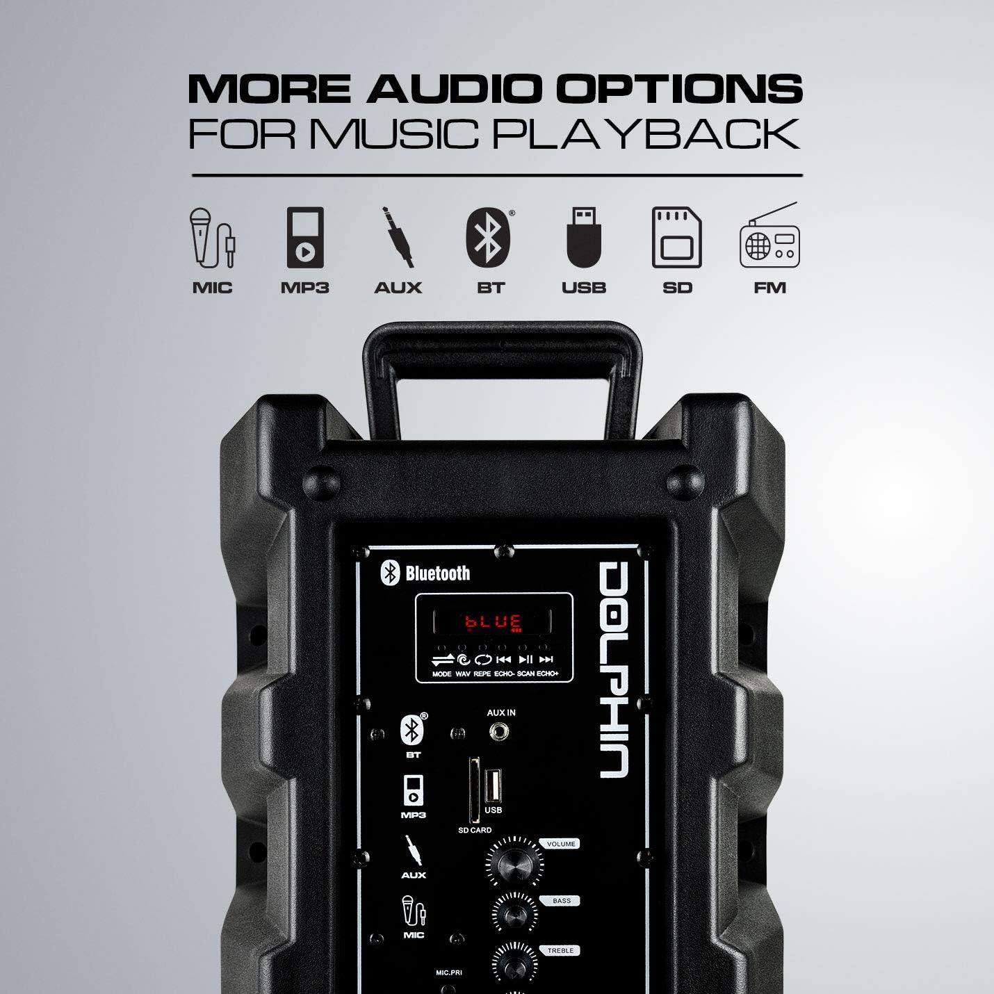 MORE AUDIO OPTIONS FOR MUSIC PLAYBACK  
MIC MP3 AUX BT USB SD FM Bluetooth  
SLUE DODDE  
144 ll P - MAV N C K  
COME AUXIN  
IT USE NeNa - CARD PSLUME ALAE BANS  
MIC DOLPHIN