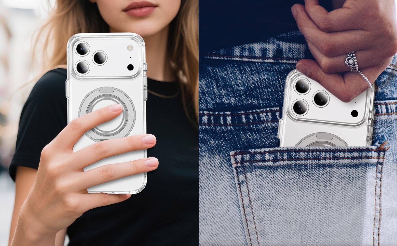 Alt View 5. Alpha Digital - Full Protective iPhone 17ProMax Case w/ Magnetic Rotatable Ring Stand- Soft Flex, Anti-Drop/Fingerprint -360 shockproof - CLEAR.