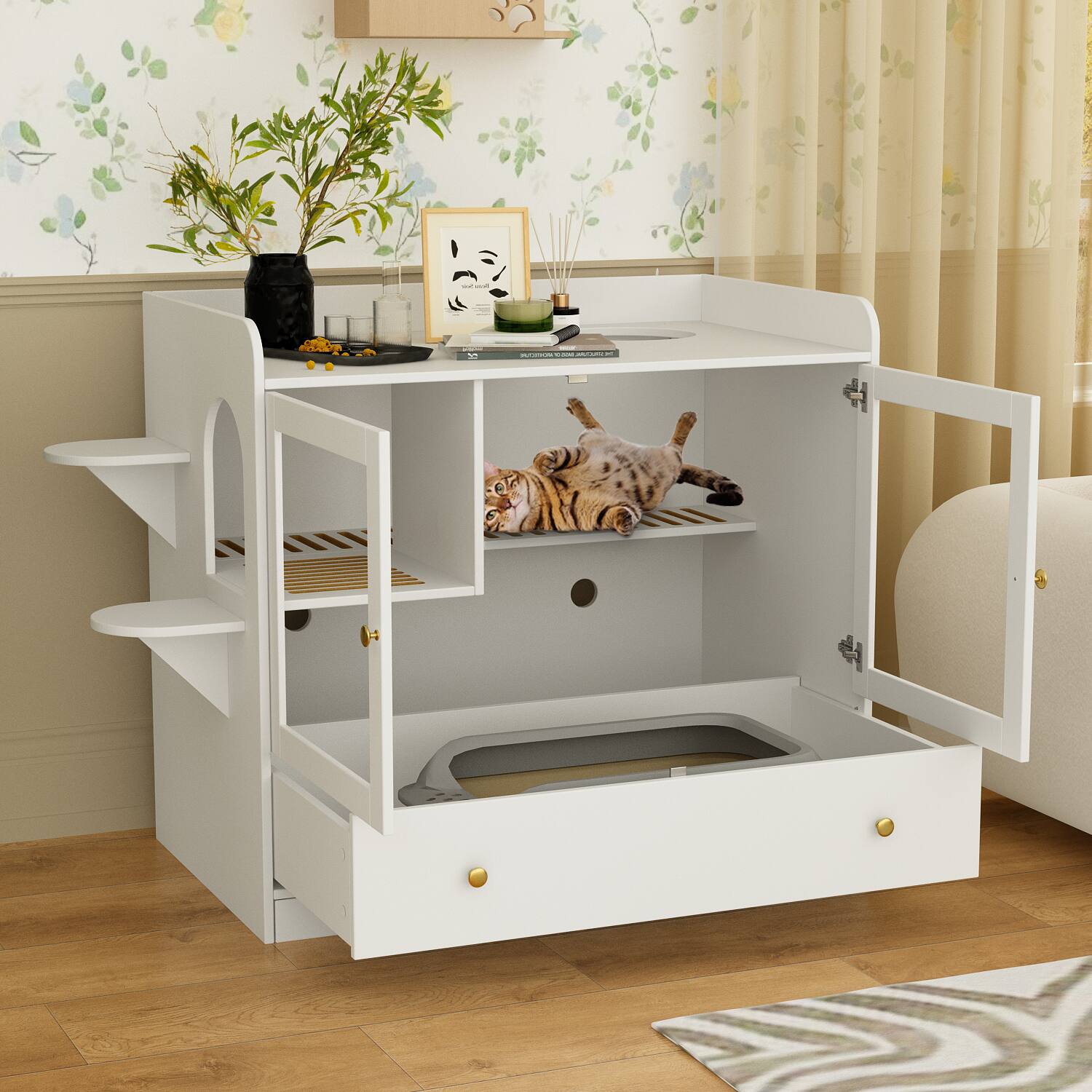 Alt View 9. FUFU & GAGA - Modern Cat Furniture Cabinet – Multi-Level Cat House with Litter Box Storage, Scratching Posts & Display Top,.