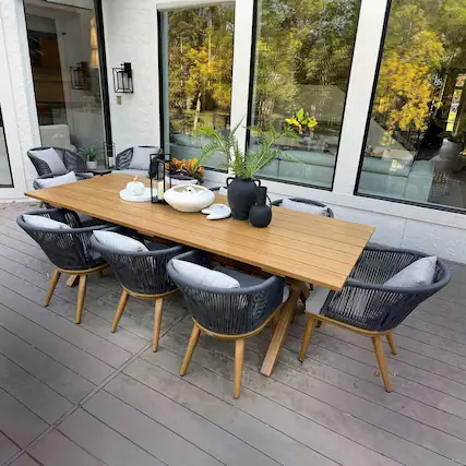 Front. PURPLE LEAF - 7/9/11-Pieces Patio Dining Set Wicker Outdoor Furniture Table and Chairs Set for Garden Teak-Finish Aluminum Frame Set - Teak-Rectangular-9 Pcs.