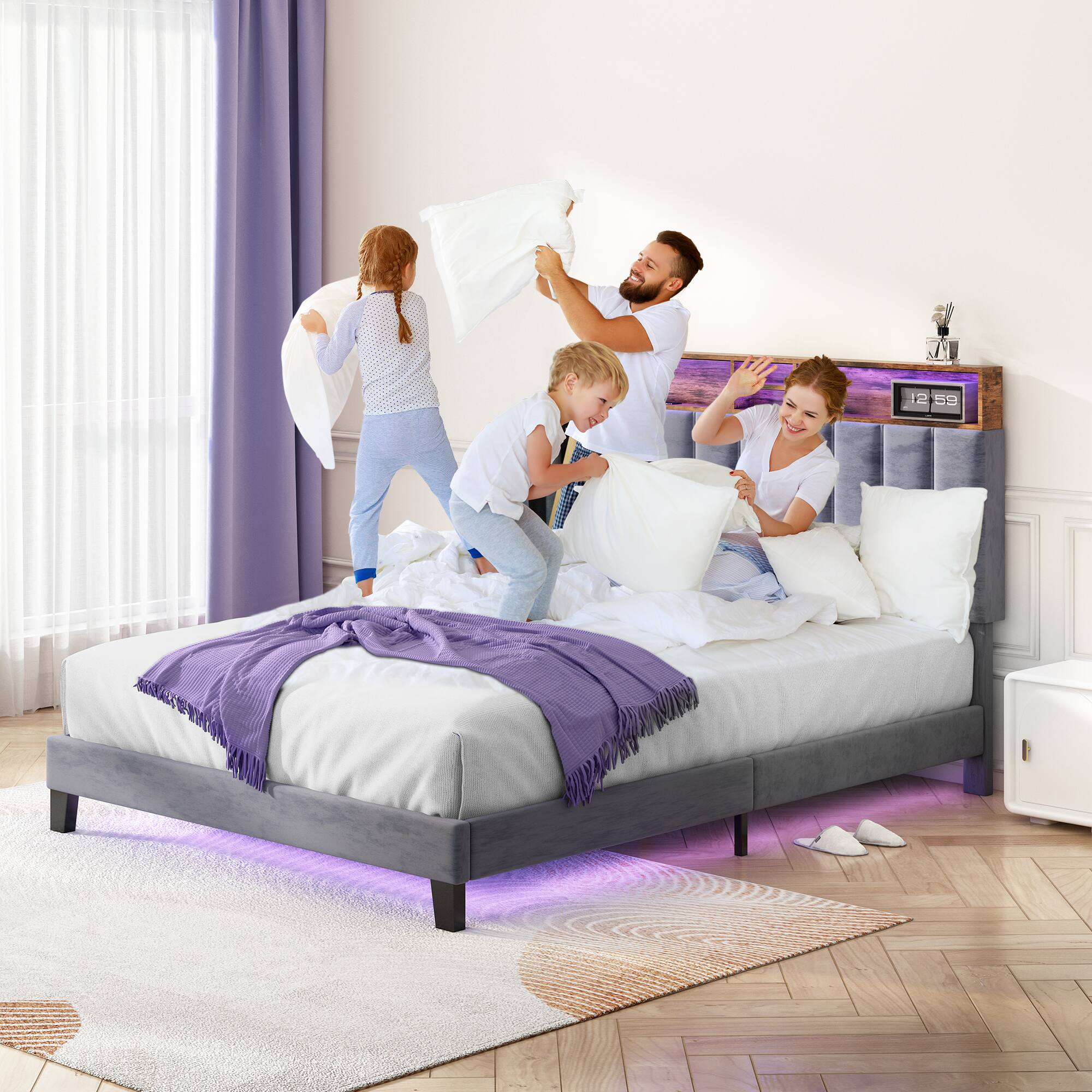 Alt View 1. Sersper - Sersper Multifunctional LED Storage Full Bed Frame with Charging Ports,Gray - Gray.