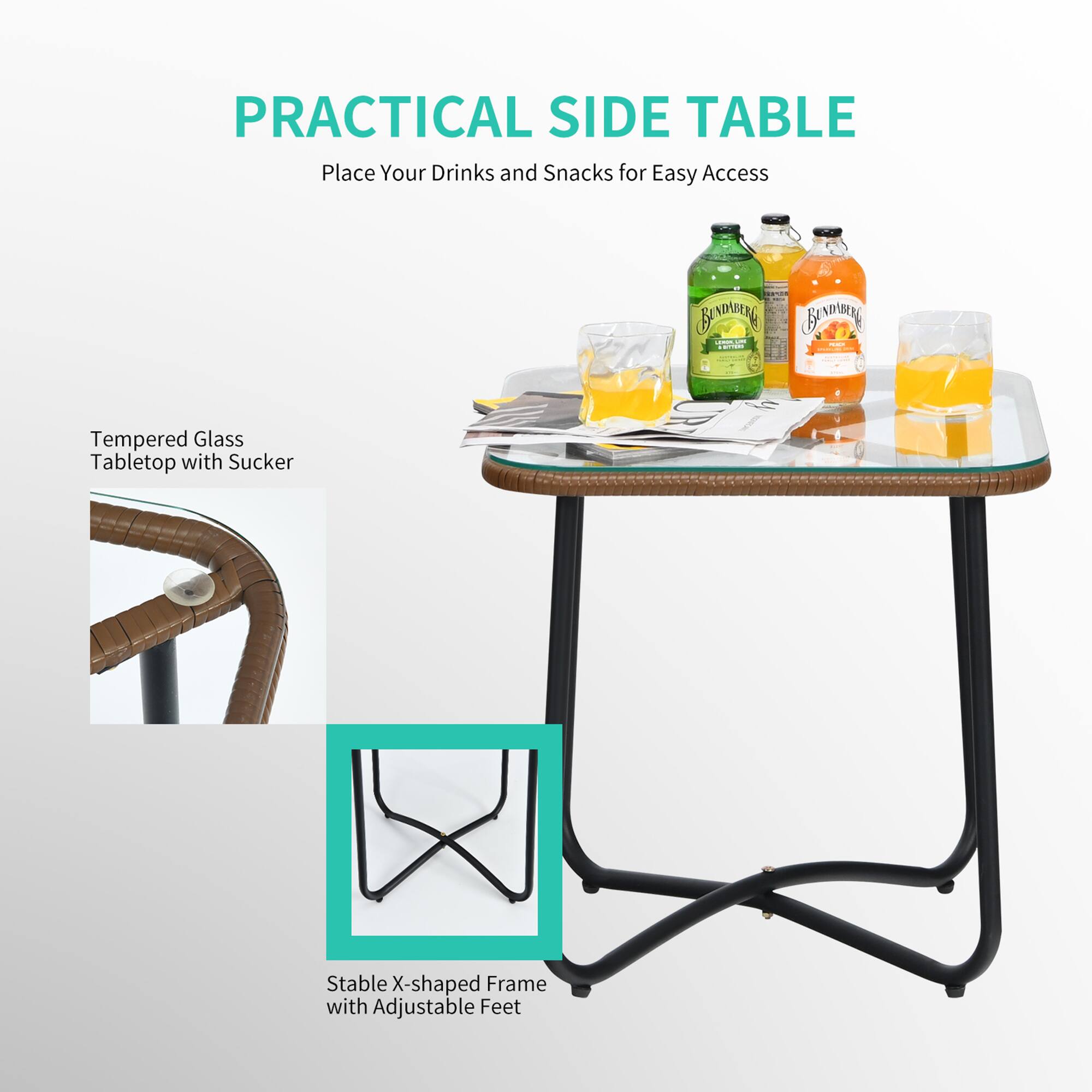 PRACTICAL SIDE TABLE  
Place Your Drinks and Snacks for Easy Access  

- Tempered Glass Tabletop with Sucker  
- Stable X-shaped Frame with Adjustable Feet