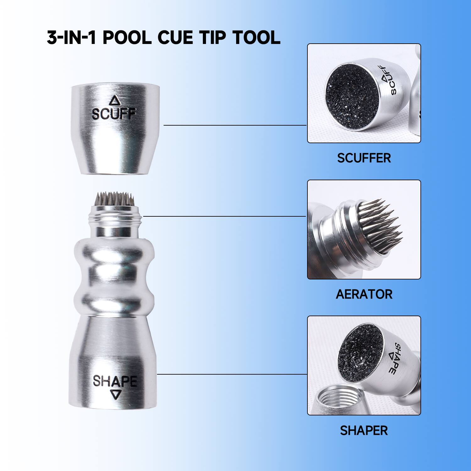 3-IN-1 POOL CUE TIP TOOL SCUFF SCUFFER AERATOR SHAPER SHAPE SHAPE