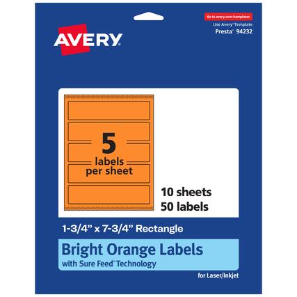 Go to avery.com/templates
AVERY
Use Avery Template Presta* 94232
5 labels per sheet
10 sheets
50 labels
1-3/4" x 7-3/4" Rectangle
Bright Orange Labels with Sure Feed Technology for Laser/Inkjet