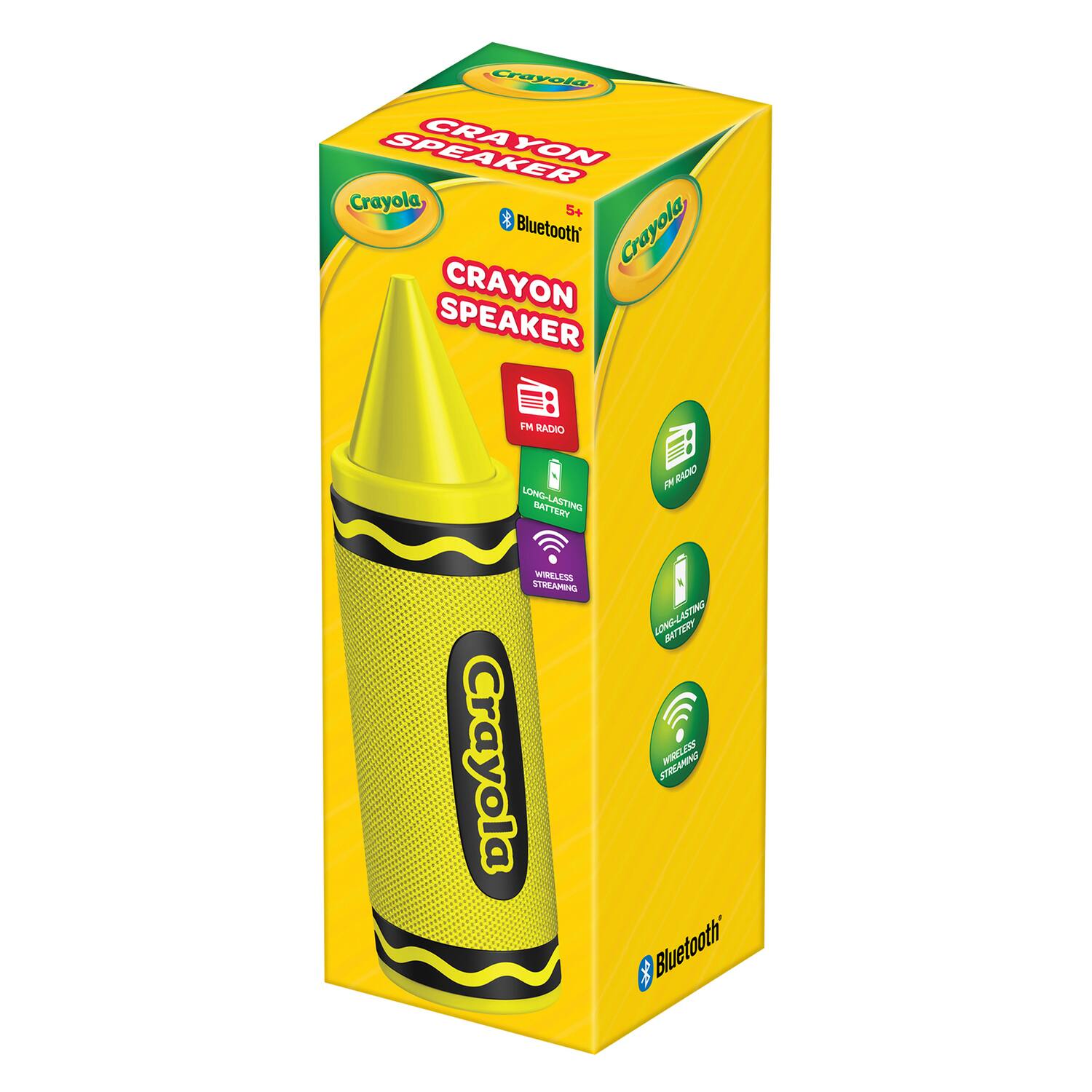 Crayola Crayon Speaker 5+  
Bluetooth  
FM Radio  
Long-Lasting Battery  
Wireless Streaming