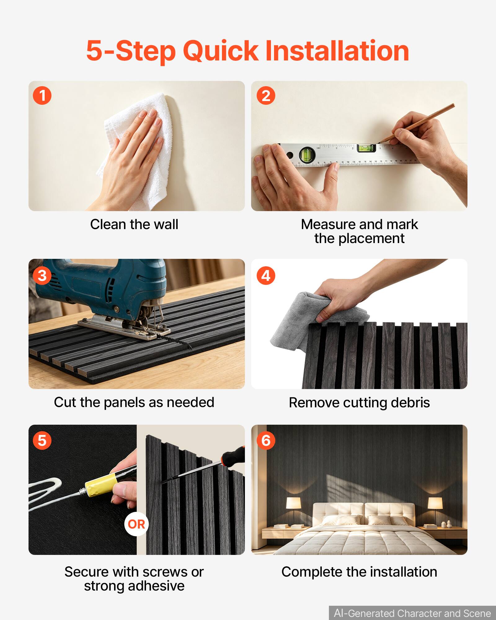 5-Step Quick Installation

1. Clean the wall
2. Measure and mark the placement
3. Cut the panels as needed
4. Remove cutting debris
5. Secure with screws or strong adhesive
6. Complete the installation