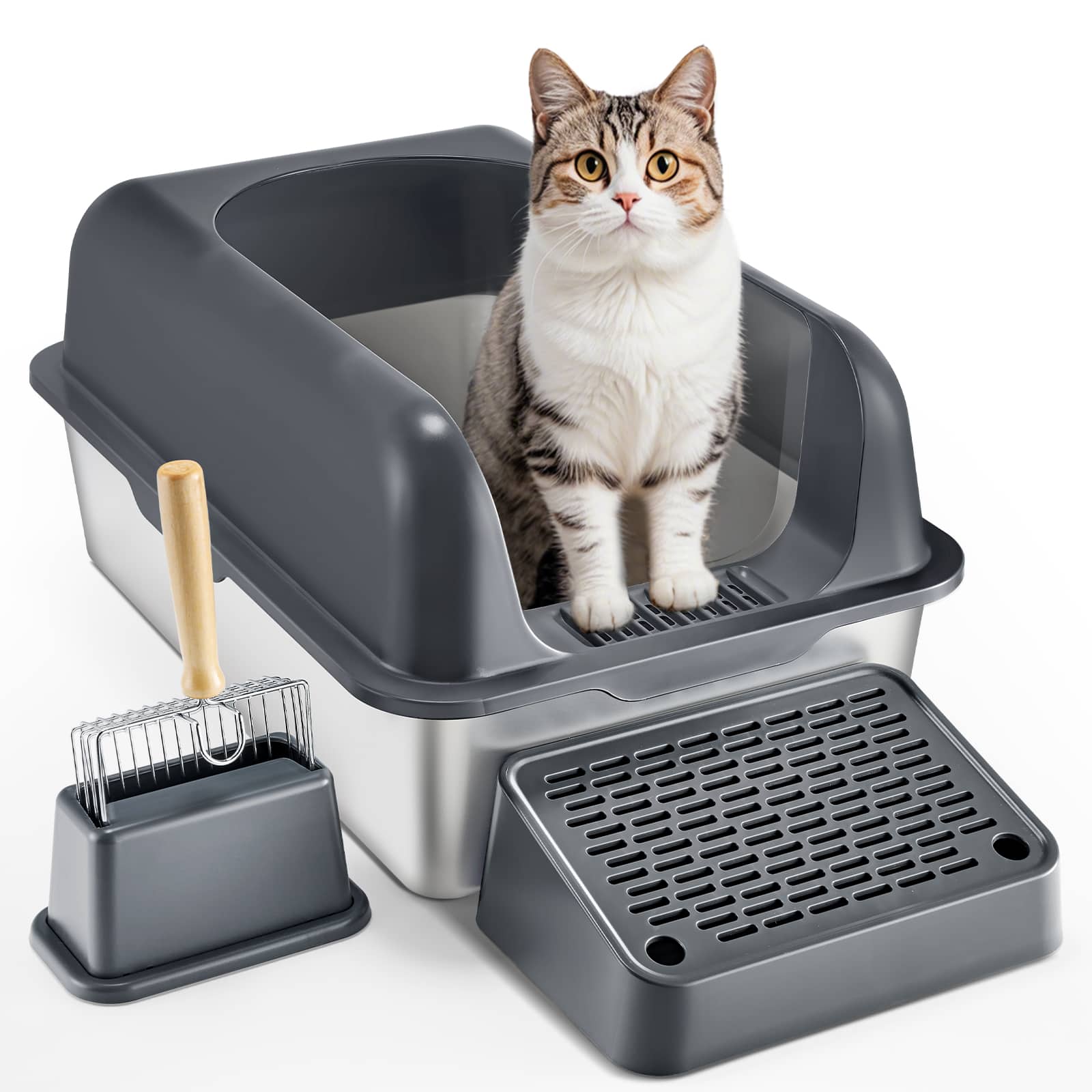 Front. VEVOR - Cat Litter Box, 6 inches Deep, XL Extra Large Stainless Steel Cat Litter Box with Scoop - Dark grey.