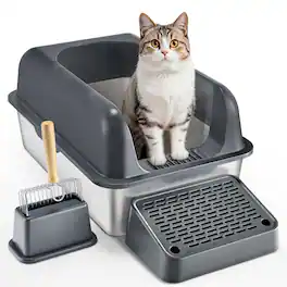 VEVOR - Cat Litter Box, 6 inches Deep, XL Extra Large Stainless Steel Cat Litter Box with Scoop - Dark Gray