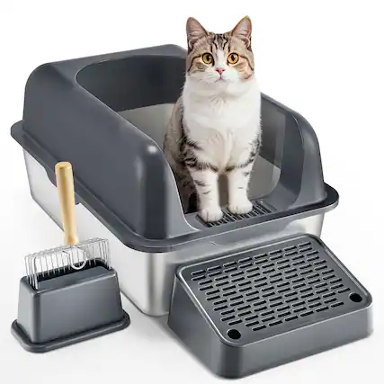 Front. VEVOR - Cat Litter Box, 6 inches Deep, XL Extra Large Stainless Steel Cat Litter Box with Scoop - Dark grey.