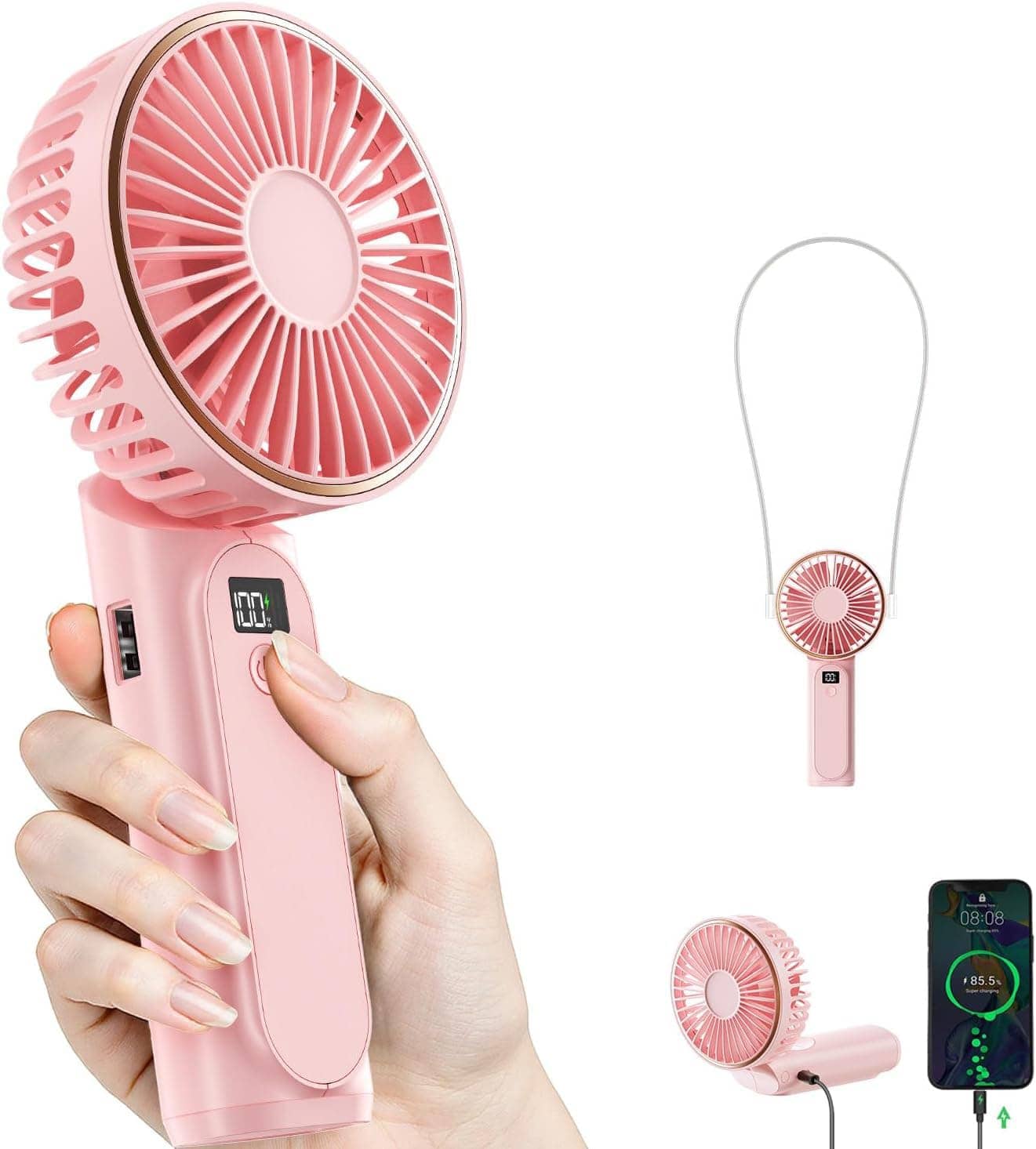 FINEAK - Pink 4000mAh Foldable Handheld Fan 6-Speed USB Rechargeable with Display