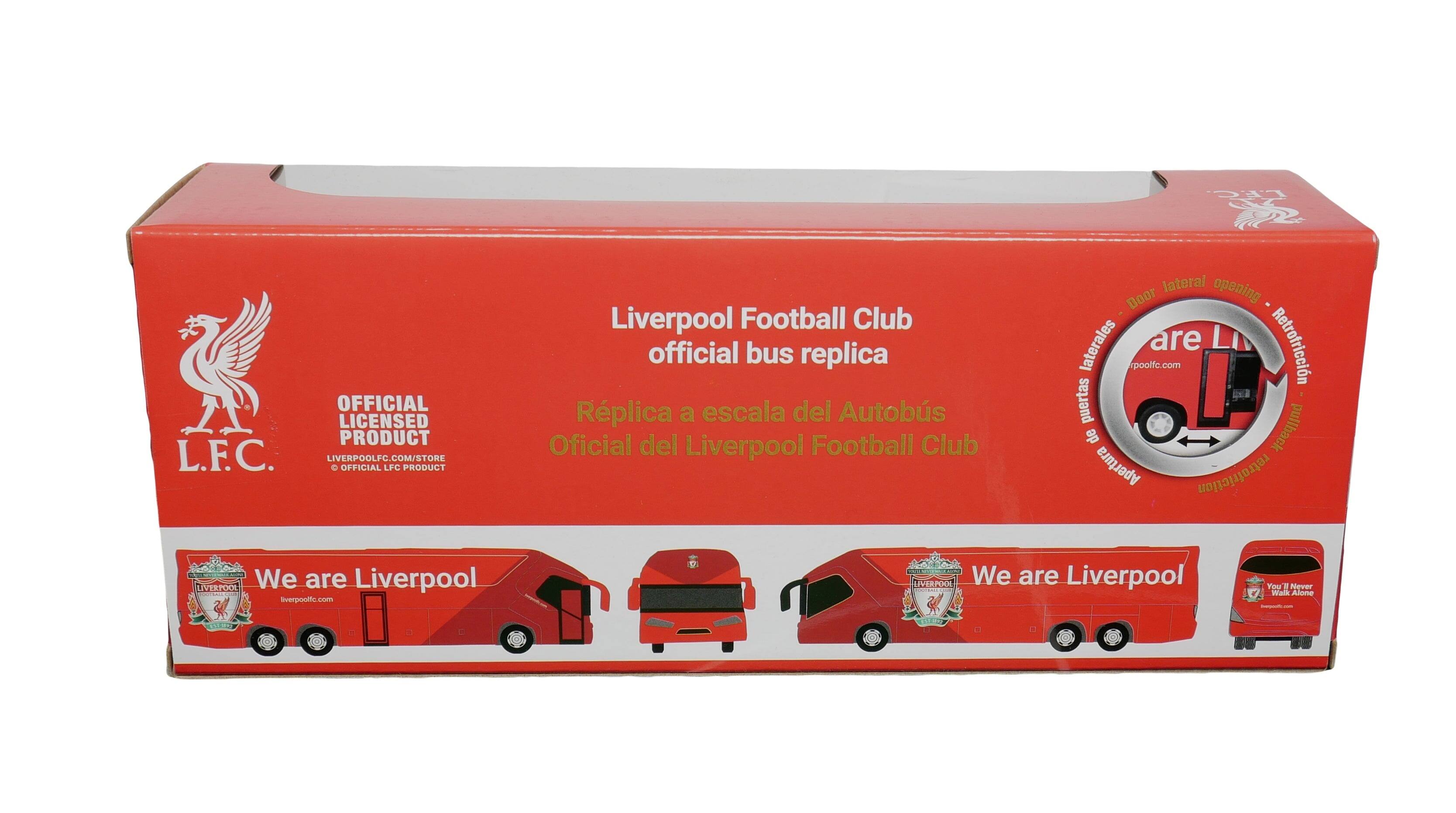 LF.C OFFICIAL LICENSED PRODUCT  
L.F.C.  
LIVERPOOLFC.COM/STORE  

OFFICIAL LFC PRODUCT  
Liverpool Football Club official bus replica  
Replica a escala del Autobús Oficial del Liverpool Football Club  
lateral opening Door laterales  
Retrofriction poolfc.com puertas de pullback Apertura retrofriction  

We are Liverpool  
RATCA Sverpooflic.com  
RMA  
We are Liverpool  
AOY 1 Never Walk Alone  

Liverpool Football Club  
official bus replica  
Replica a escala del Autobús  
Official del Liverpool Football Club  

We are Liverpool