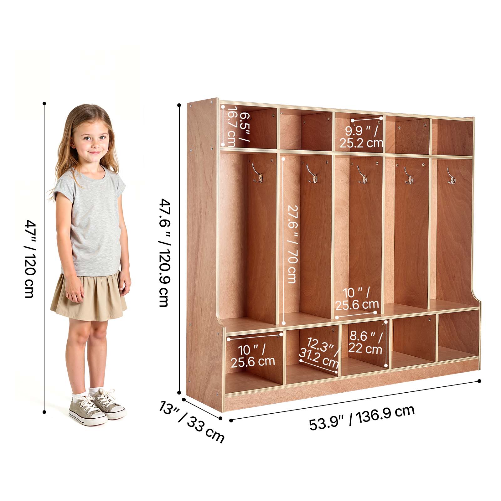 16.7" / 42.4 cm  
6.5" / 16.5 cm  
9.9" / 25.2 cm  
47" / 120 cm  
47.6" / 120.9 cm  
10" / 25.6 cm  
27.6" / 70 cm  
8.6" / 22 cm  
13" / 33 cm  
53.9" / 136.9 cm