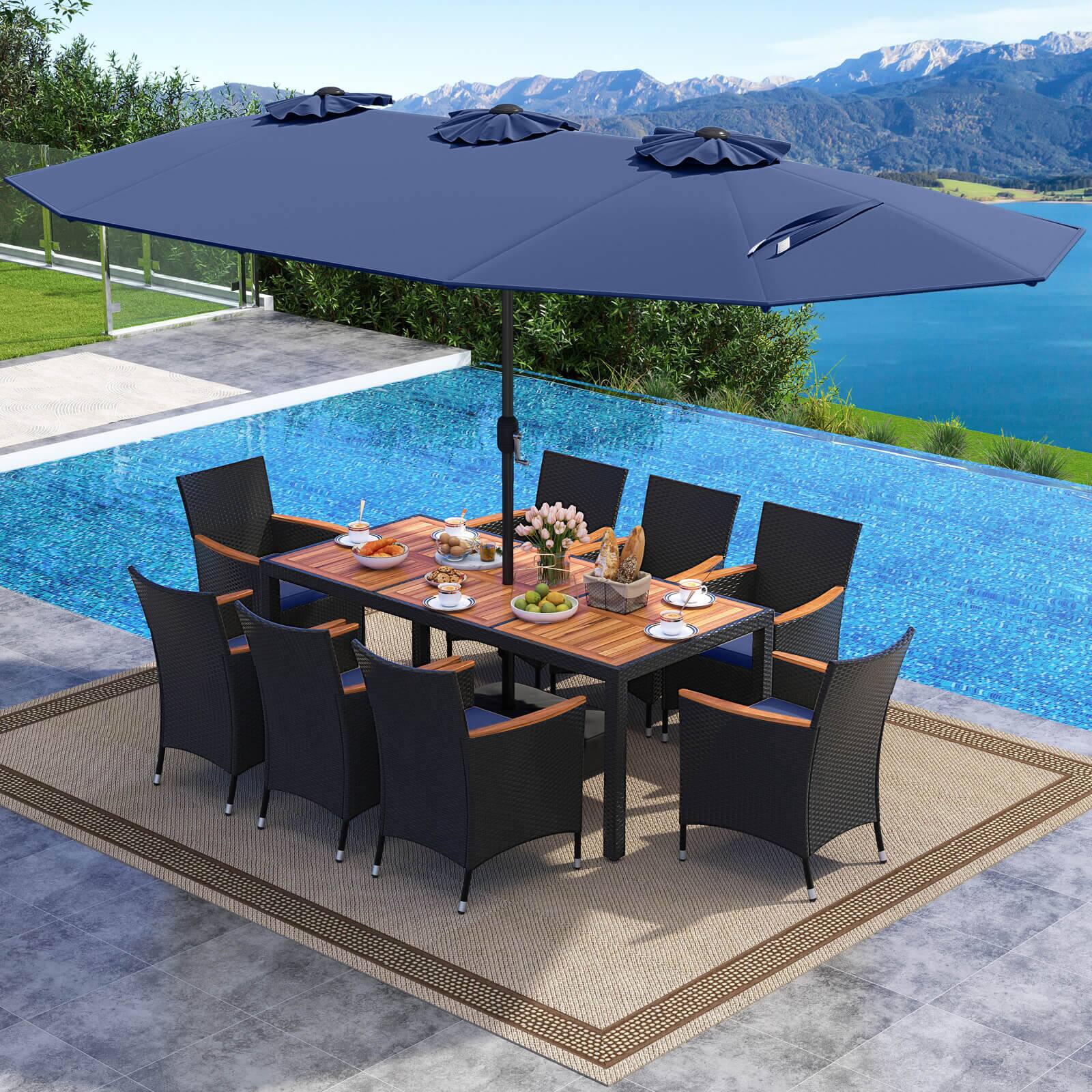 Alt View 3. Costway - Costway 11 PCS Patio Wicker Dining Set with Double-Sided Outdoor Umbrella 8 Stackable Chairs - Navy+Navy.