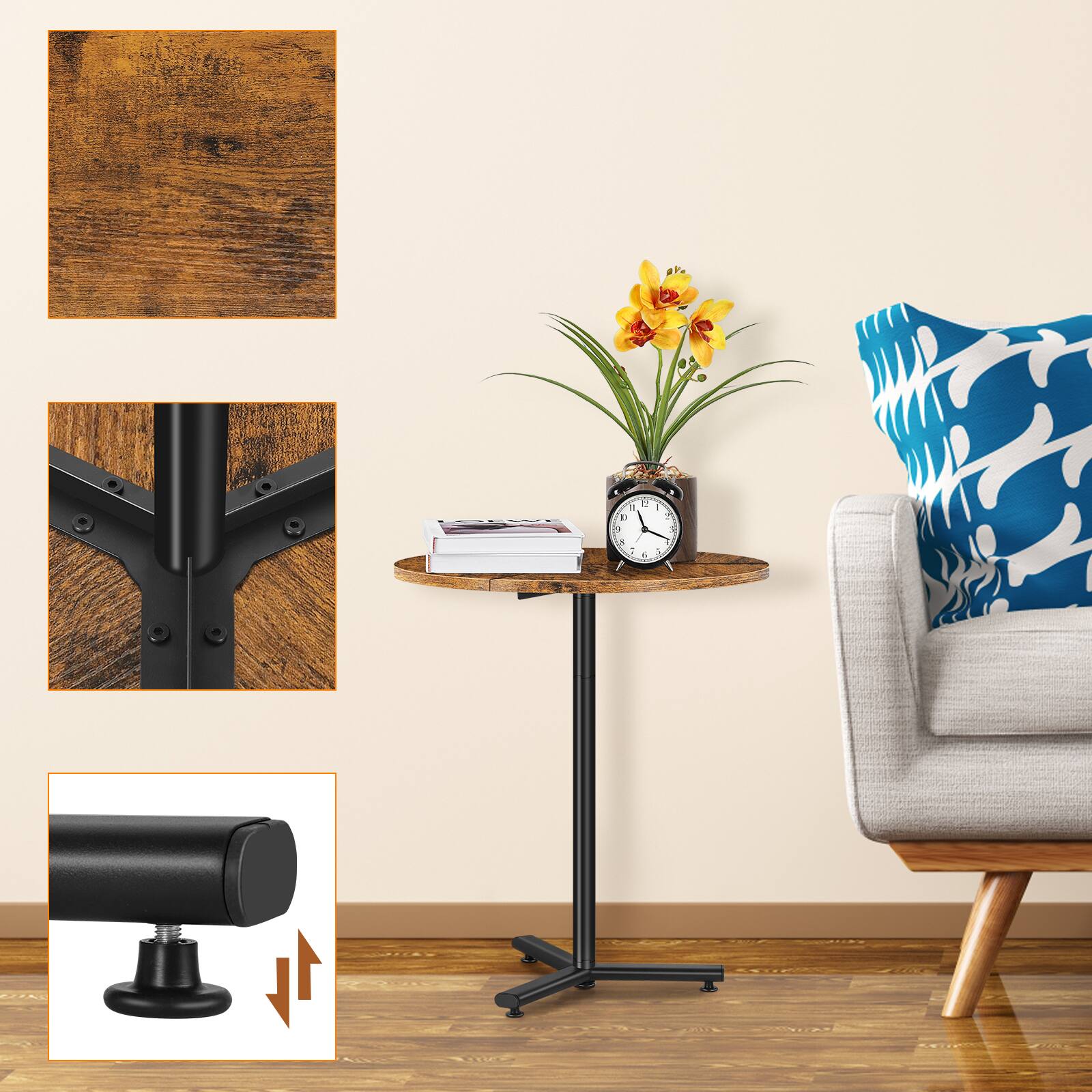 Alt View 2. Oumilen - Rustic Round Side Table with 3-Panel Wood Top - Brown.