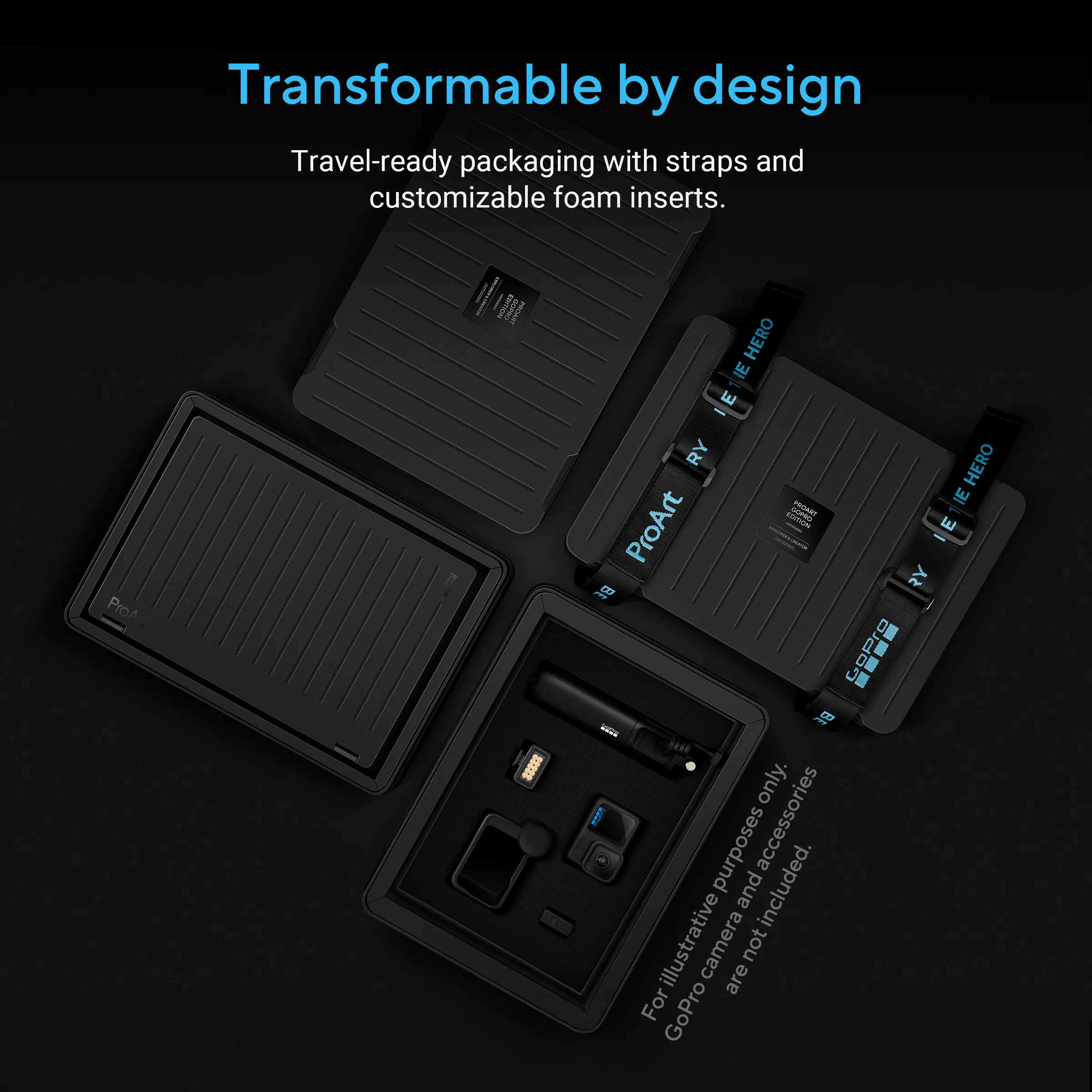 Transformable by design  
Travel-ready packaging with straps and customizable foam inserts.  

For illustrative purposes only. GoPro camera and accessories are not included.