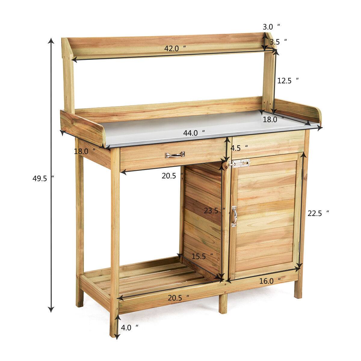 The image shows a wooden table with a drawer and a shelf. The table is 42 inches long, 18 inches wide, and 49.5 inches tall. The drawer is 12.5 inches wide and 18 inches deep, while the shelf is 3.5 inches deep. The table is made of wood and has a natural finish.