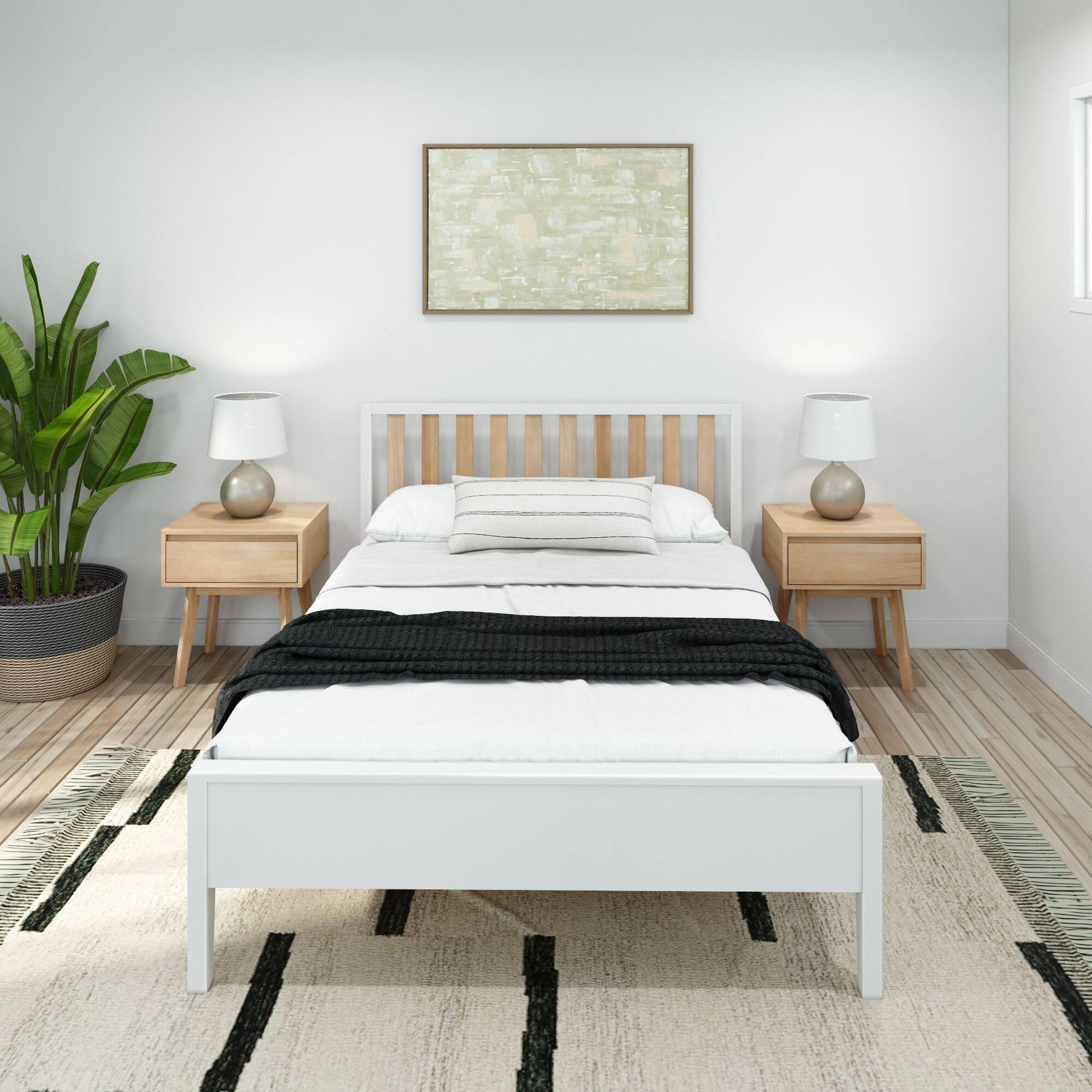 Alt View 1. Plank+Beam - Scandinavian Full-Size Bed with Slatted Headboard, White/Blonde - White/Blonde.