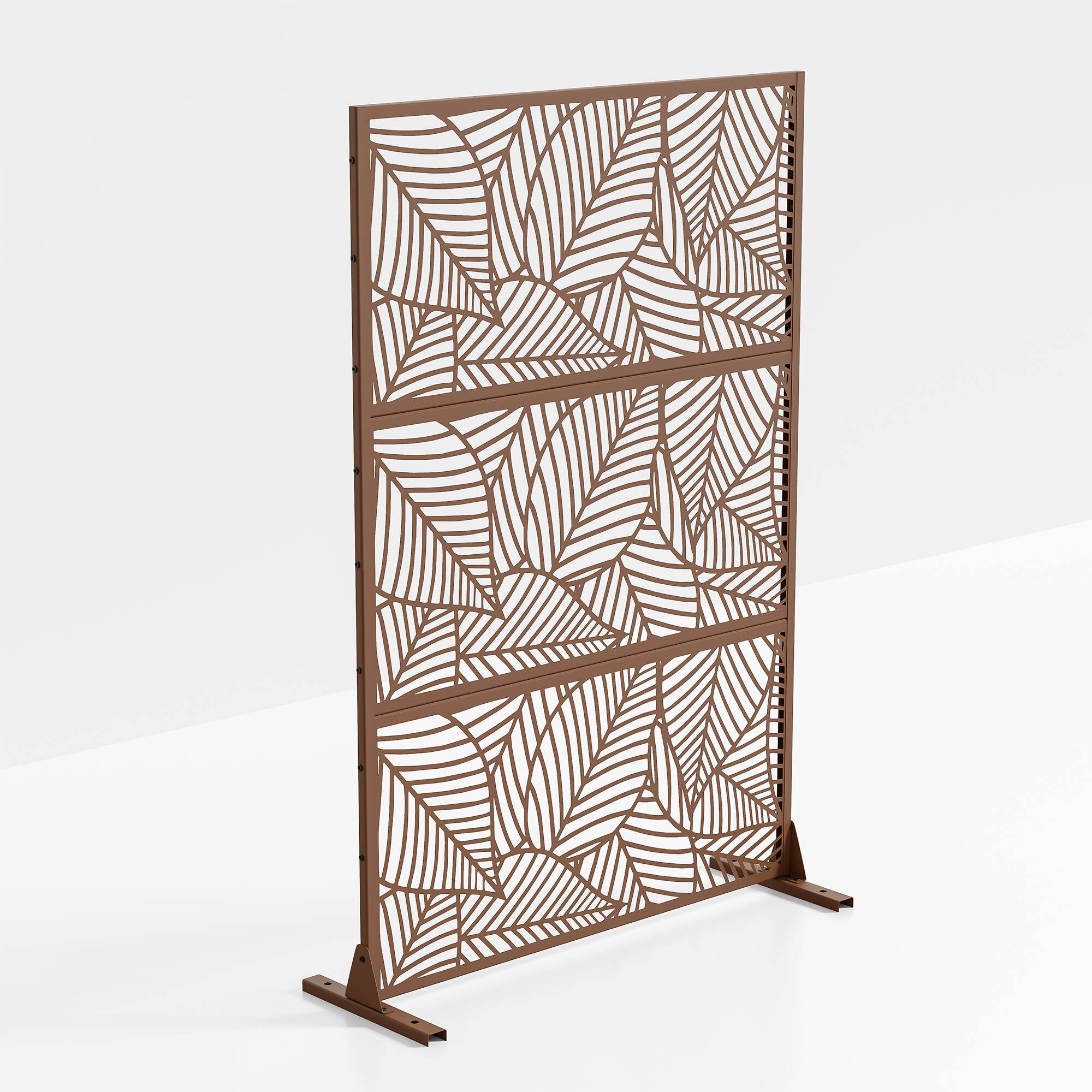 Angle. PexFix - 72 in. x 47 in. Leaf Pattern Metal Outdoor Privacy Screen & Panels, Freestanding Garden Divider Fence - Brown.