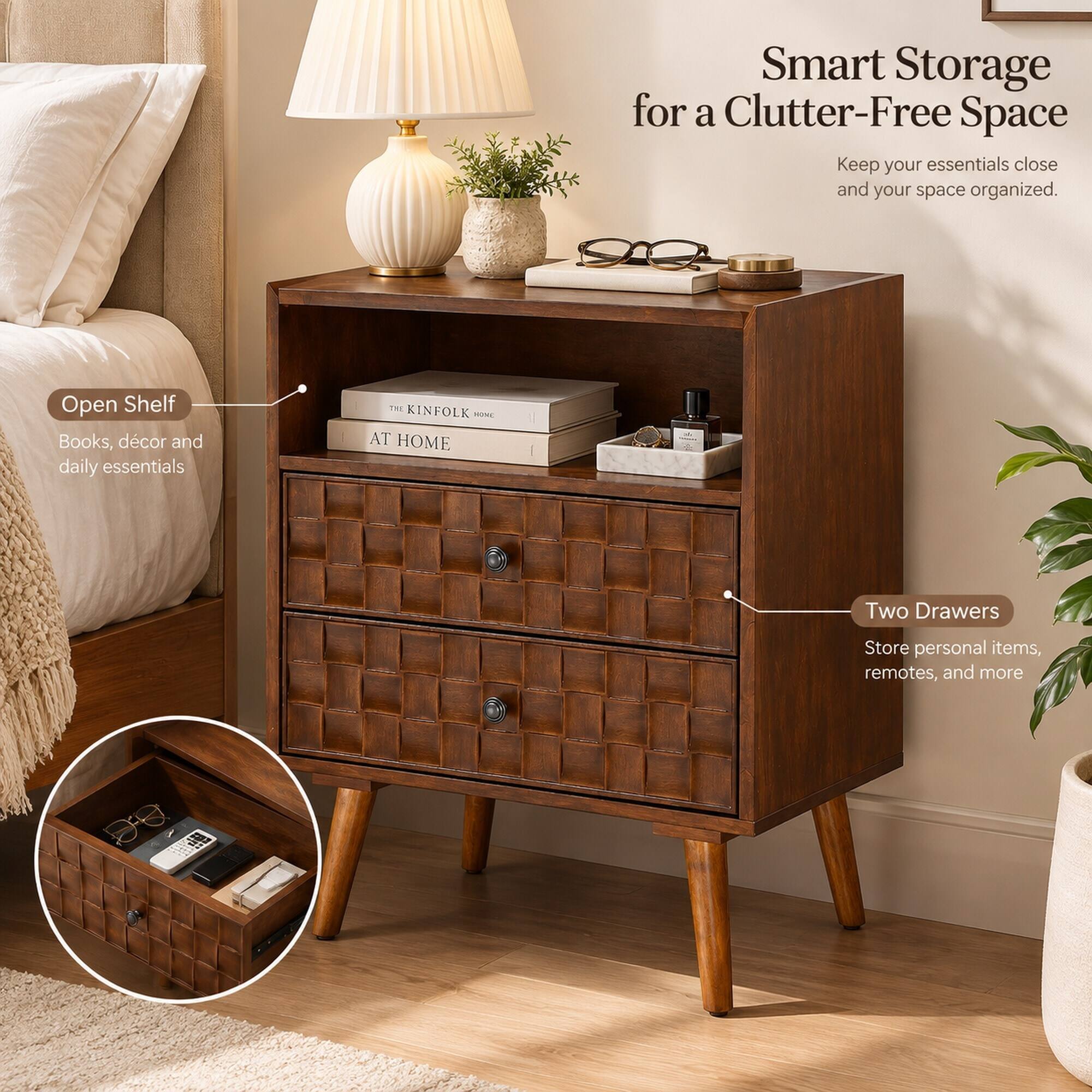 Smart Storage for a Clutter-Free Space  
Keep your essentials close and your space organized.  

Open Shelf  
Books, décor and daily essentials  

Two Drawers  
Store personal items, remotes, and more