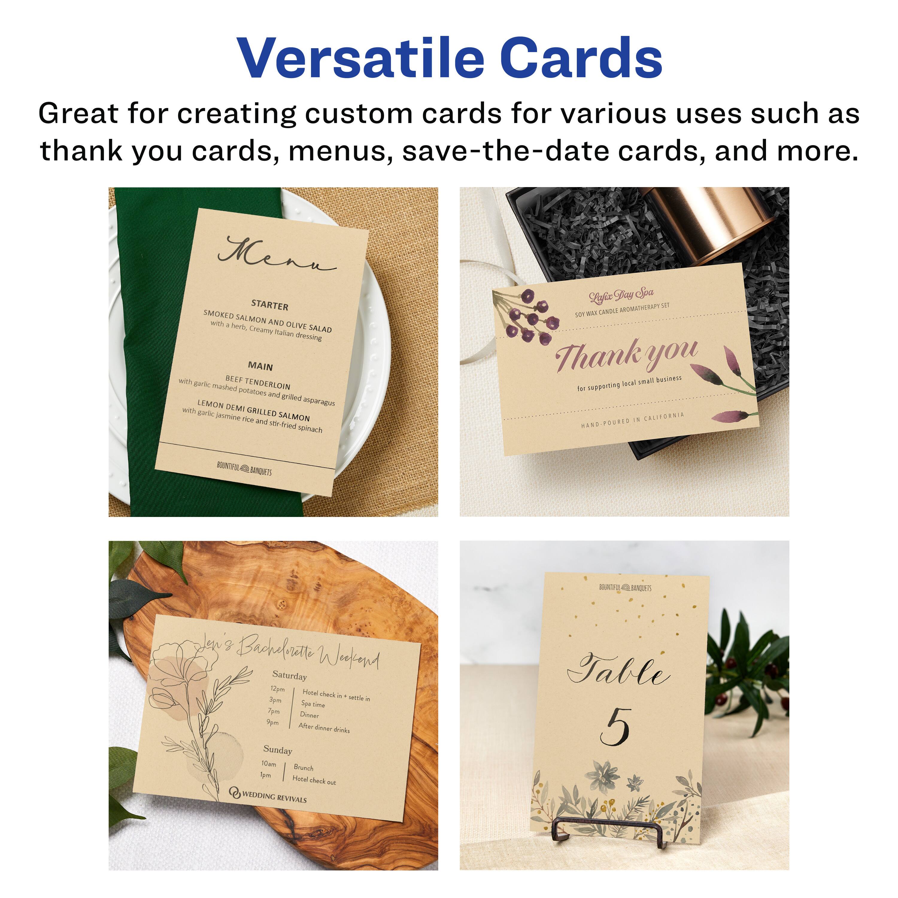 Versatile Cards

Great for creating custom cards for various uses such as thank you cards, menus, save-the-date cards, and more.

Menu

STARTER
SMOKED SALMON AND OLIVE SALAD
with herbs, creamy herb dressing

MAIN
BEEF TENDERLOIN
with garlic mashed potatoes and grilled asparagus
LEMON DEMI with garlic, jasmine rice and stir-fried spinach

SMOKED SALMON
with garlic, jasmine rice and stir-fried spinach

Thank you
for supporting local small business
HAND-POURED IN CALIFORNIA

Lily & Finn's Bachelorette Weekend

Saturday
12pm - Hotel check-in & settle in
7pm - Spa time
9pm - After dinner drinks

Sunday
10am - Brunch
1pm - Hotel check-out

WEDDING REVIVALS

Table 5