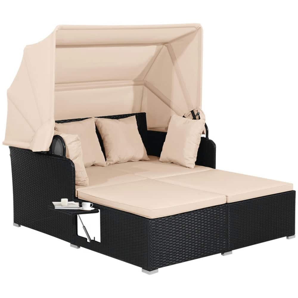 Pefilos - Patio Rattan Daybed with Retractable Canopy and Side Tables, Outdoor & Patio Furniture, Rattan Daybed for Outdoor as - Beige