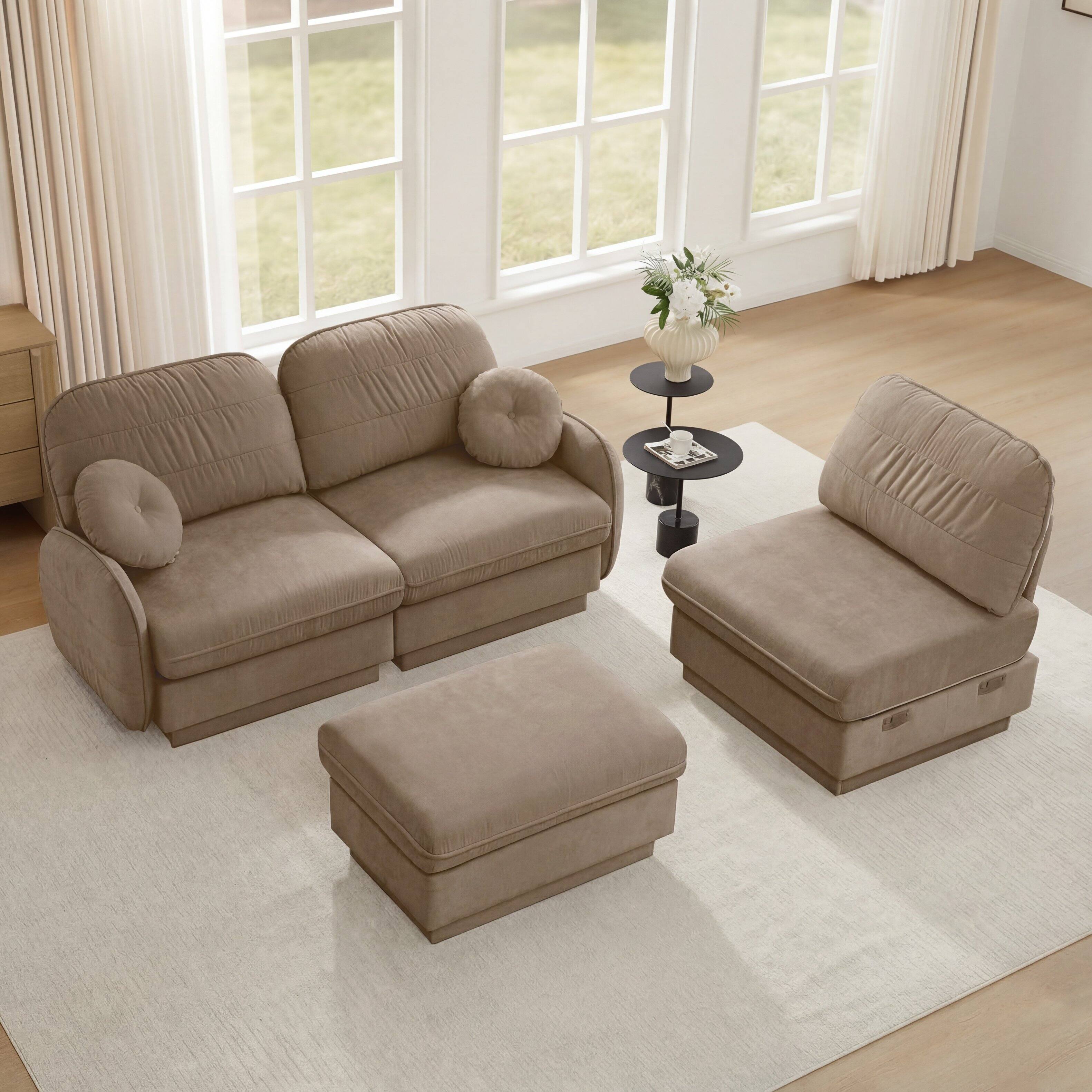 Back. LOVMOR - 105 inch Chenille Couch L Shaped Deep Seat Storage Ottoman Anti Slip For Living Room Apartment Lounge Plush TV - Light Coffee.