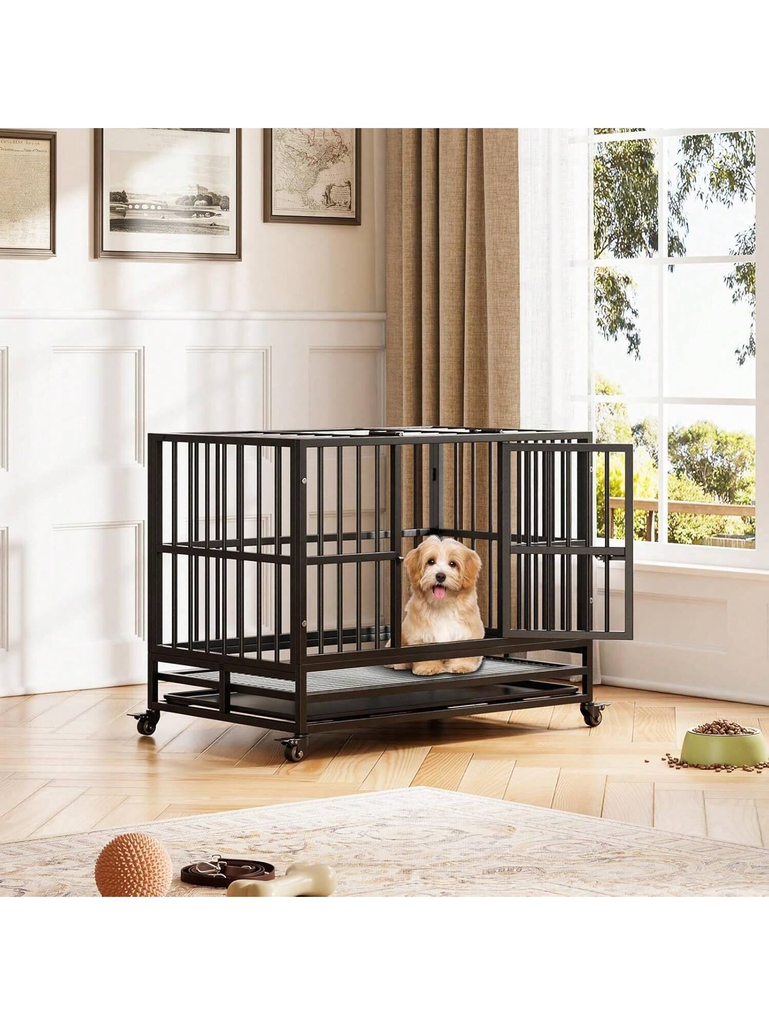 Angle. Acekool - 37" Folding Dog Crate with Wheels, Heavy Duty Metal Kennel, Double Door & Removable Tray, Small Breed Crate, Black.
