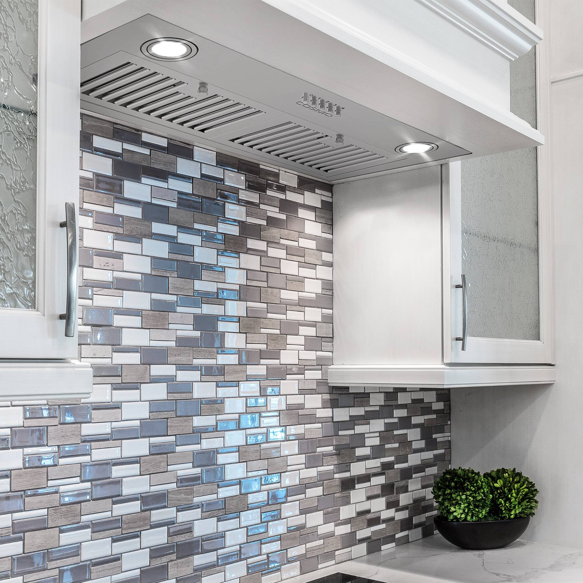 Angle. COSMO - COS-30IRHP 30 in. Lumin Collection 380 CFM Ducted Insert Range Hood, Button Controls, LED Lights - Stainless Steel.