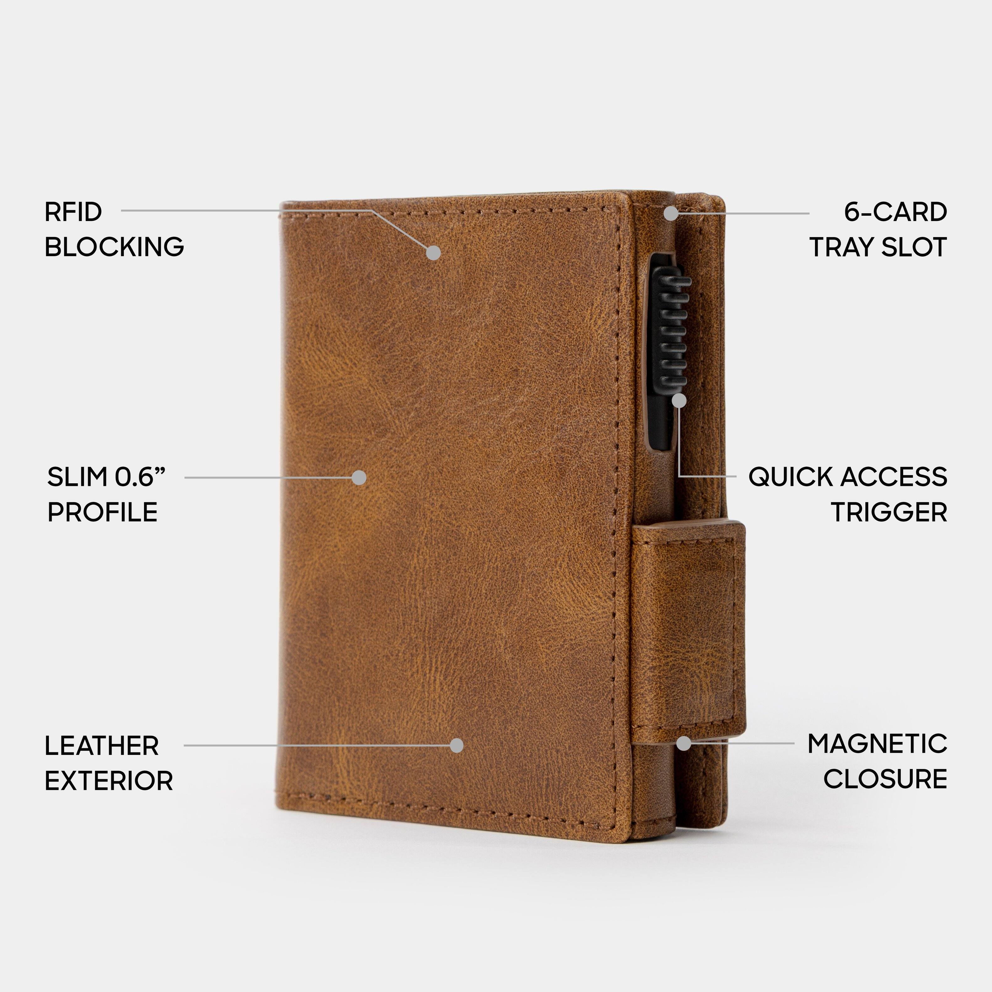 RFID BLOCKING SLIM 0.6" PROFILE 6-CARD TRAY SLOT QUICK ACCESS TRIGGER LEATHER EXTERIOR MAGNETIC CLOSURE