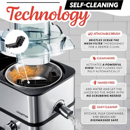 SELF-CLEANING Technology

- ATTACHABLE BRUSH
  - BRISTLES SCRUB THE MESH FILTER THOROUGHLY FOR A DEEPER CLEAN

- CLEAN MODE
  - ACTIVATES A POWERFUL RINSE THAT FLUSHES OUT PULP AUTOMATICALLY

- HANDS-FREE
  - ADD WATER AND LET THE JUICER DO THE WORK WITH NO SCRUBBING NEEDED

- Gourmia EASY CLEANUP
  - PITCHER, PULP CONTAINER, AND BRUSH ARE DISHWASHER SAFE
