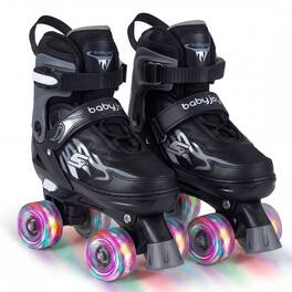 Gymax - Kids Roller Skates 4 Sizes Adjustable Quad Skates w/Light-up Wheels for Ages 7-9 - Black