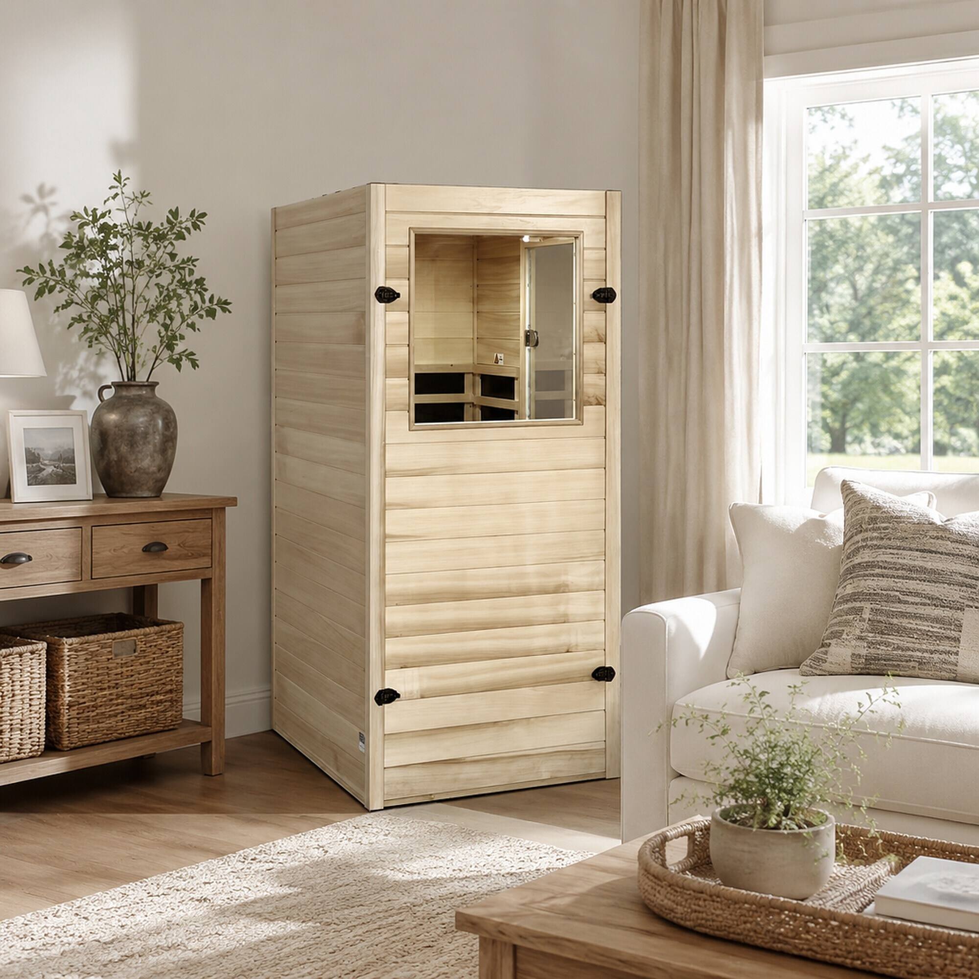 Alt View 1. RYHNUYNE - Far Infrared Sauna Room, European Aspen Wood, 5 Heating Panels, 905W, Digital Display, Bluetooth Speaker, Home Spa - Natural Wood.