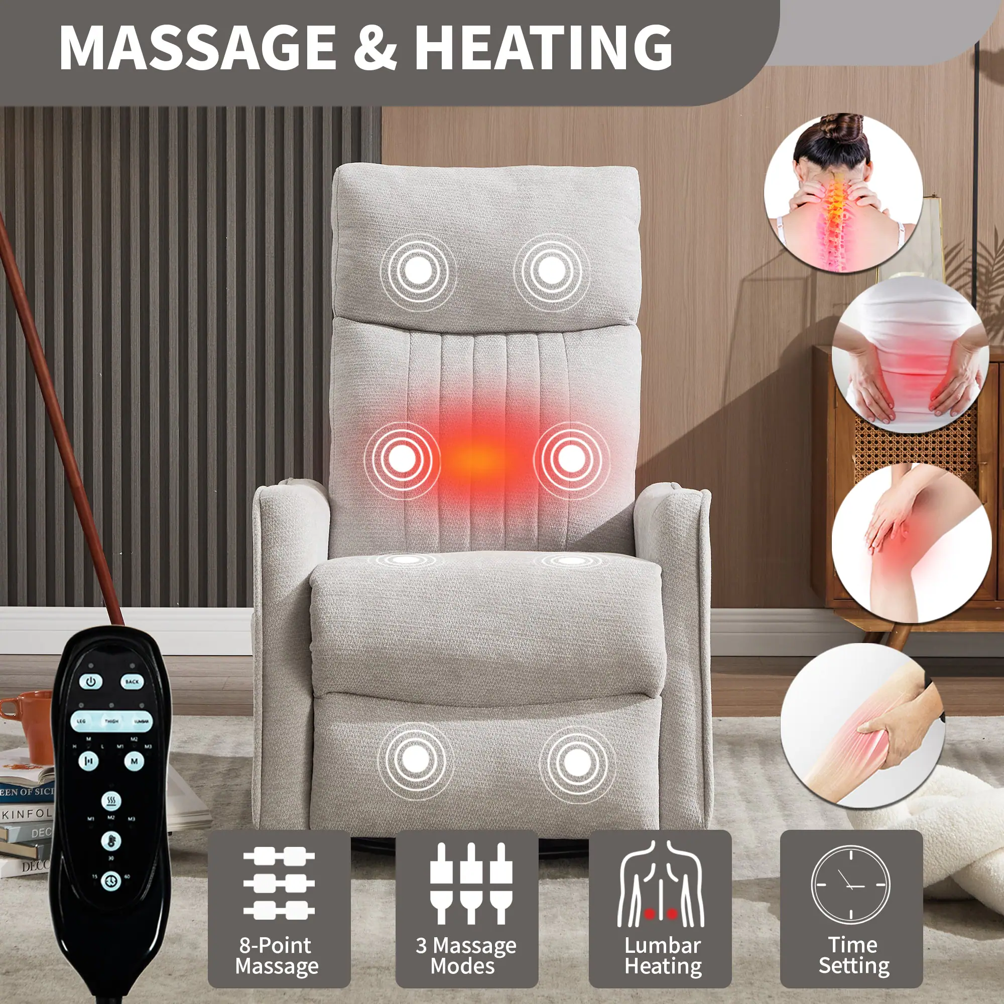 MASSAGE & HEATING

- 8-Point Massage
- 3 Massage Modes
- Lumbar Heating
- Time Setting