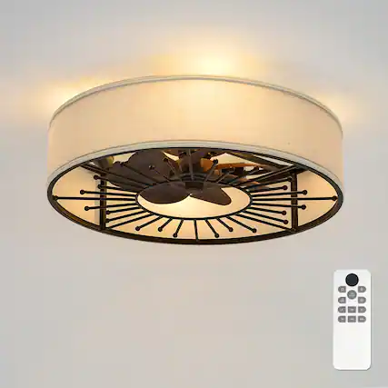 Front. JAZAVA - 20-Inch Indoor Black Low Profile Ceiling Fan with Linen Light Shade, 100-240V - Black.