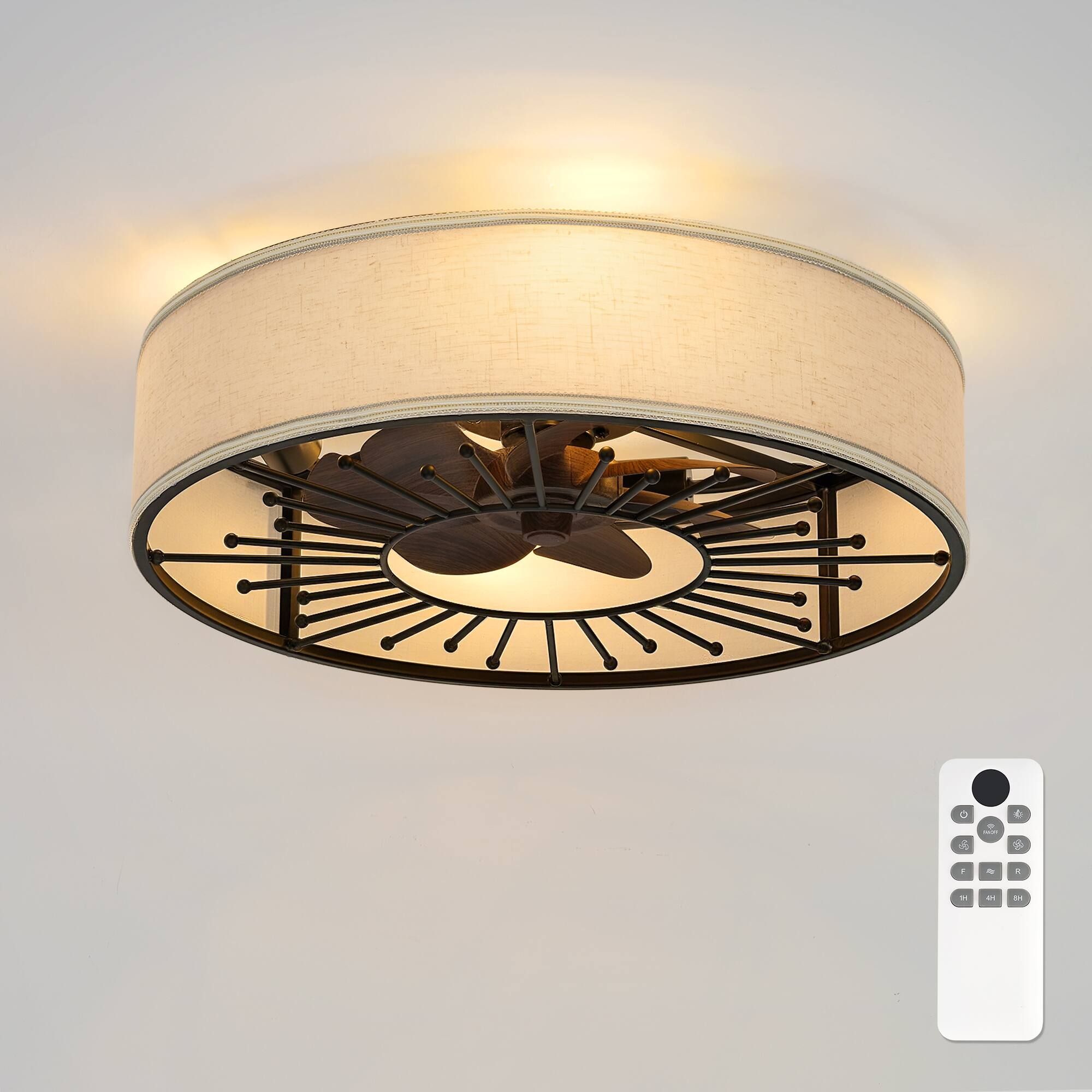 Front. JAZAVA - 20-Inch Indoor Black Low Profile Ceiling Fan with Linen Light Shade, 100-240V - Black.