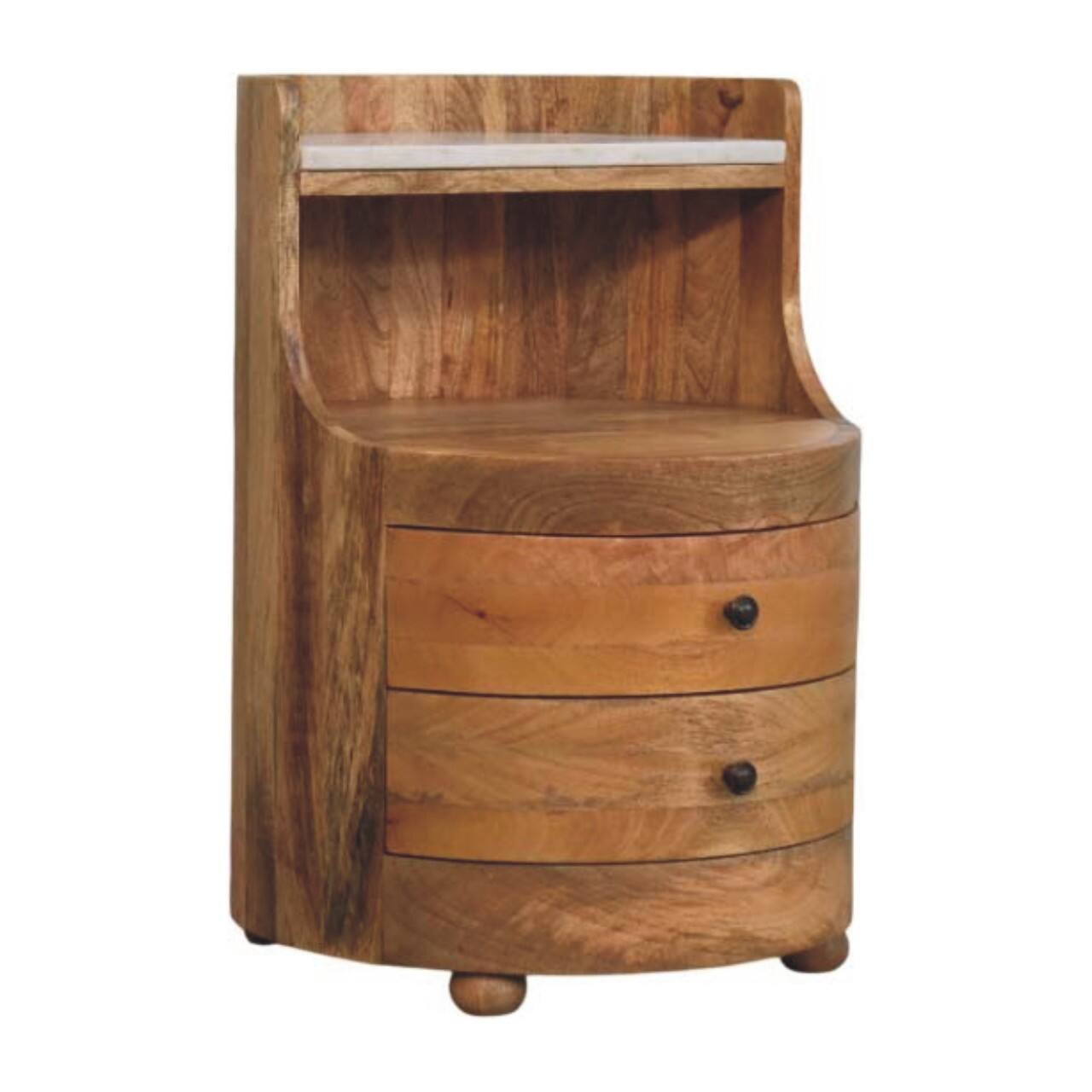 Left. Artisan Furniture - Artisan Furniture Solid Wood Curved Bedside with Marble Top, 2 Drawers, 1 Open Shelf, Brown - Brown.