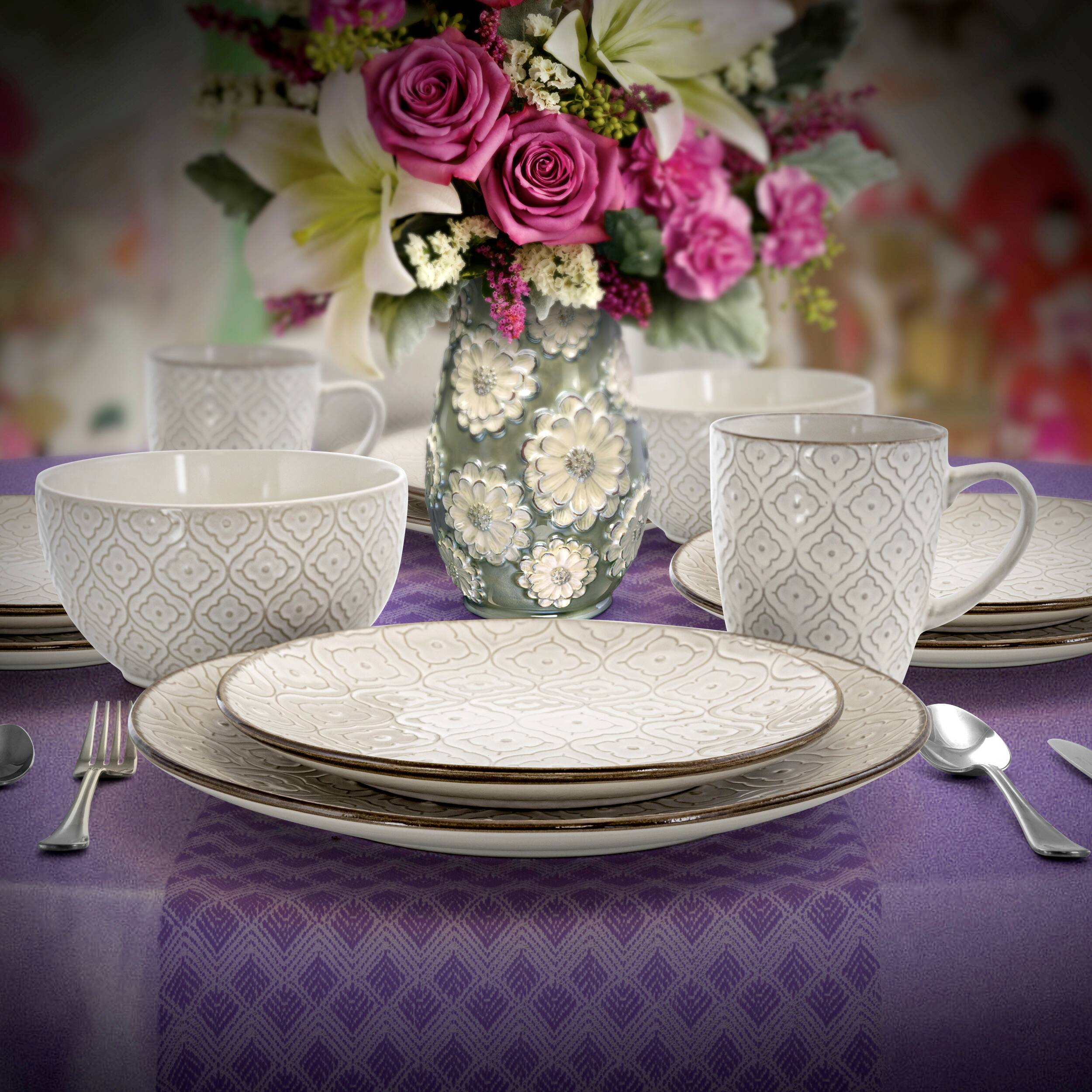 Alt View 1. Elama - Elama White Lily 16 Piece Luxurious Stoneware Dinnerware with Complete Setting for 4 - White Lily.
