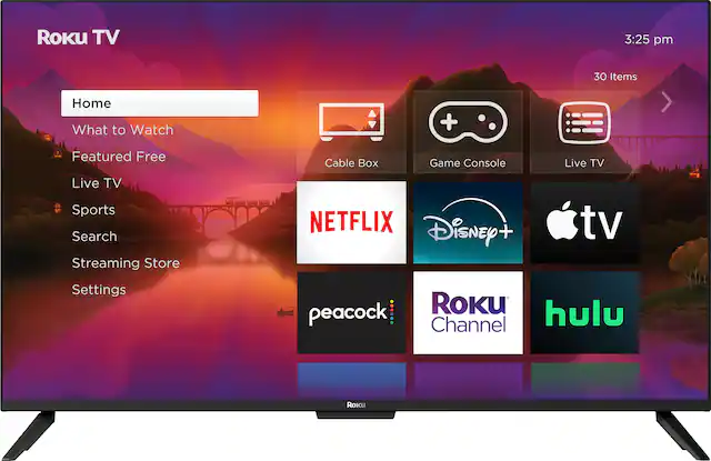 Roku TV 3:25 pm 30 Items Home What to Watch Featured Free Cable Box + Game Console Live TV Live TV Sports Search Streaming Store NETFLIX Disney + tv Settings peacock Roku Hulu Channel RoKu