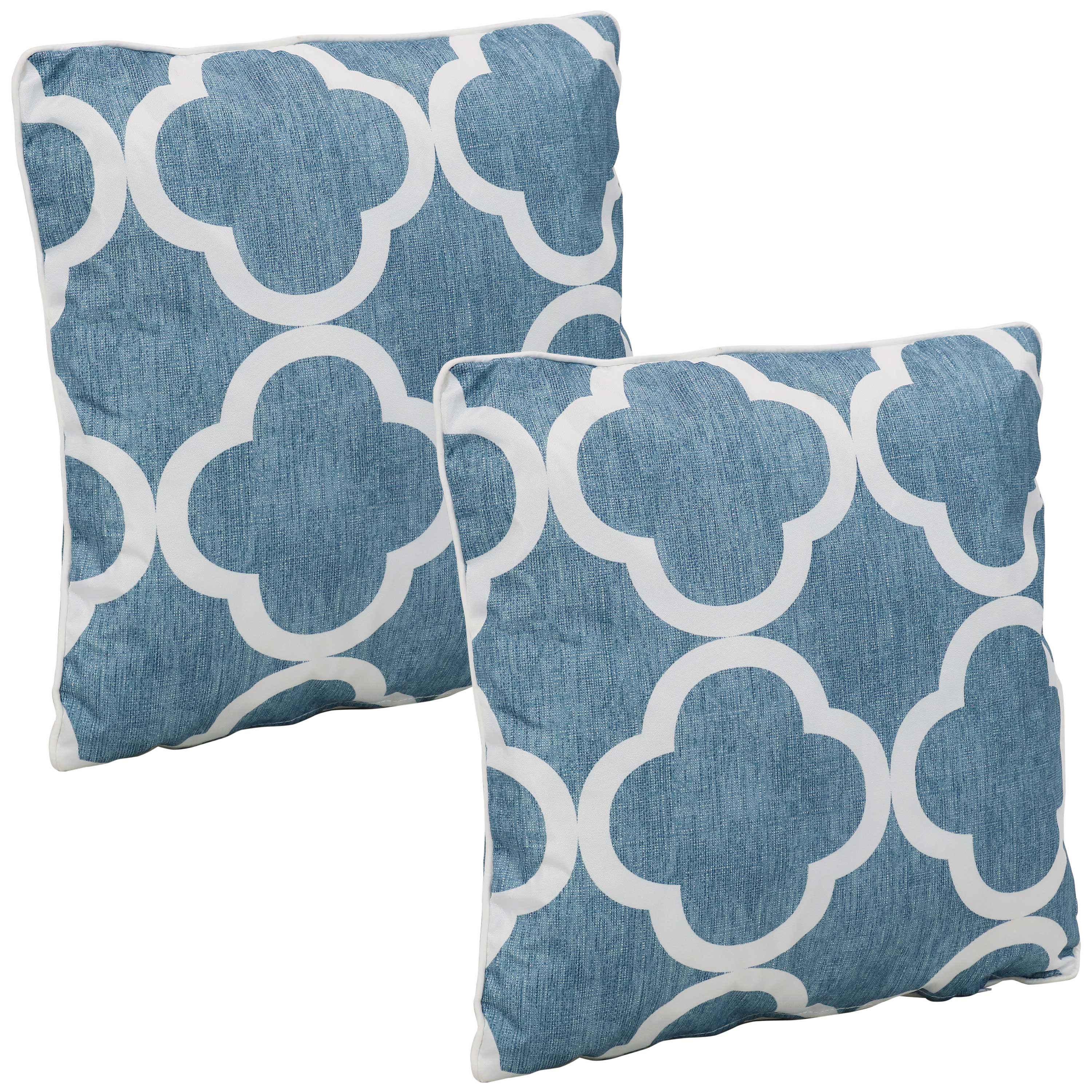 Front. Sunnydaze - Square Indoor and Outdoor Throw Pillow - 16 in - Blue and White Quatrefoil.