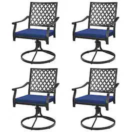 Gymax - 4PCS Patio Swivel Dining Chairs Lattice Rocker Cushioned Armrest - Navy