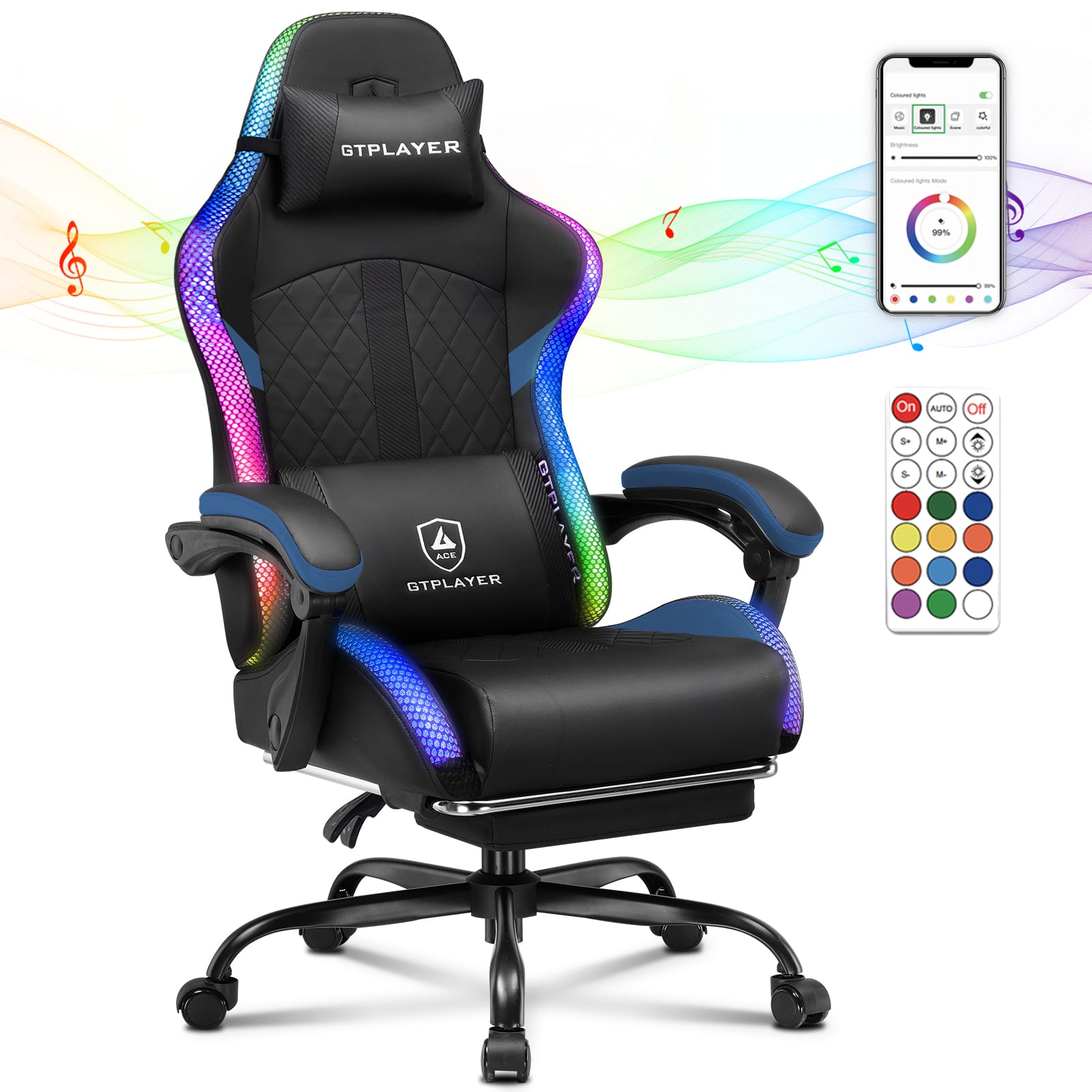 GTPlayer - RGB Gaming Chair with Speakers High Back Reclining Office Chairs - Blue